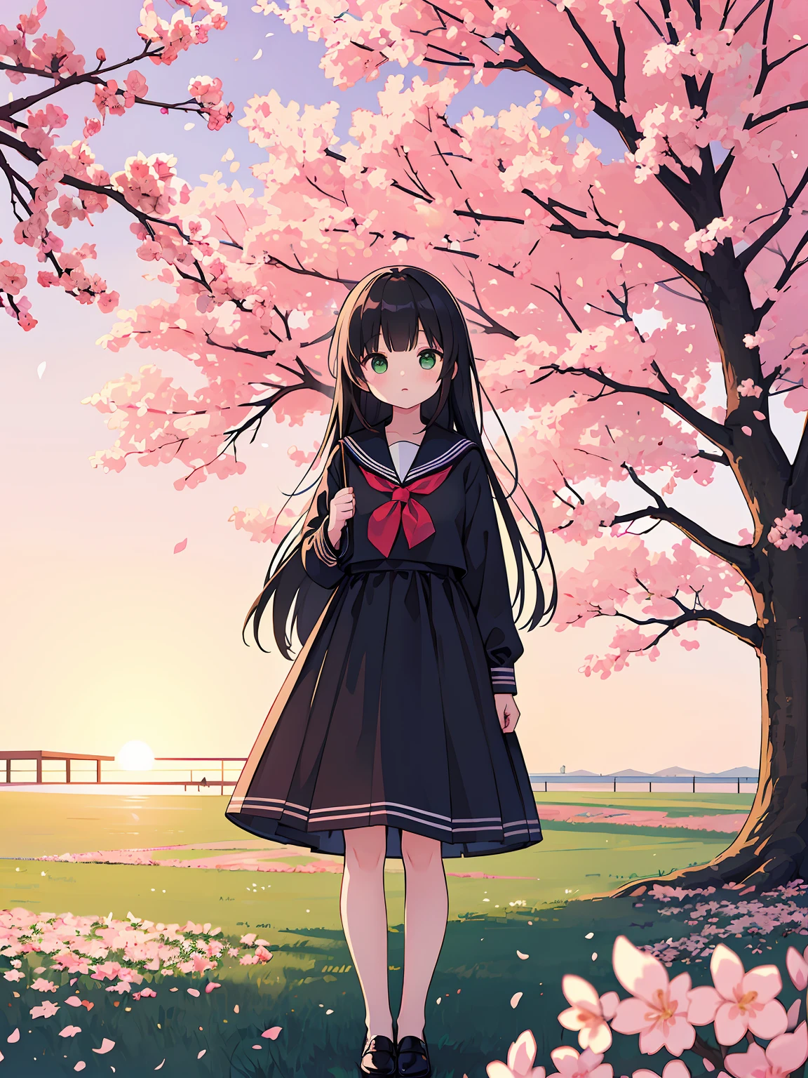 (masterpiece), (best quality), beautiful illustration, 1girl, long black hair, green eyes, girl standing under a cherry blossom tree, morning, sun, sailor form