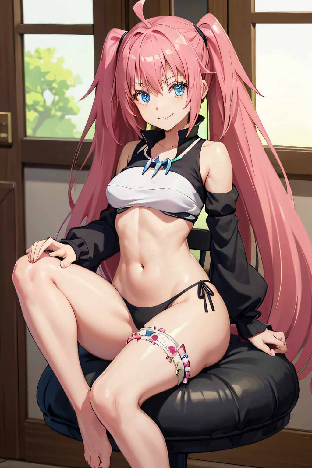 1Female、When I was reincarnated, I was a slime character(child)、masterpiece、superior quality、precise、animesque、child Demon King、Aimei、beautiful blue eyes and detailed、Pink hair、two-tailed、Proud double tails, very short black bikini 、Average breasts、True to the original、((barefoot)), muscular belly, beautiful muscular legs, Thick legs, (Smile), in the bedroom, sitting on the chair with the leg crossed