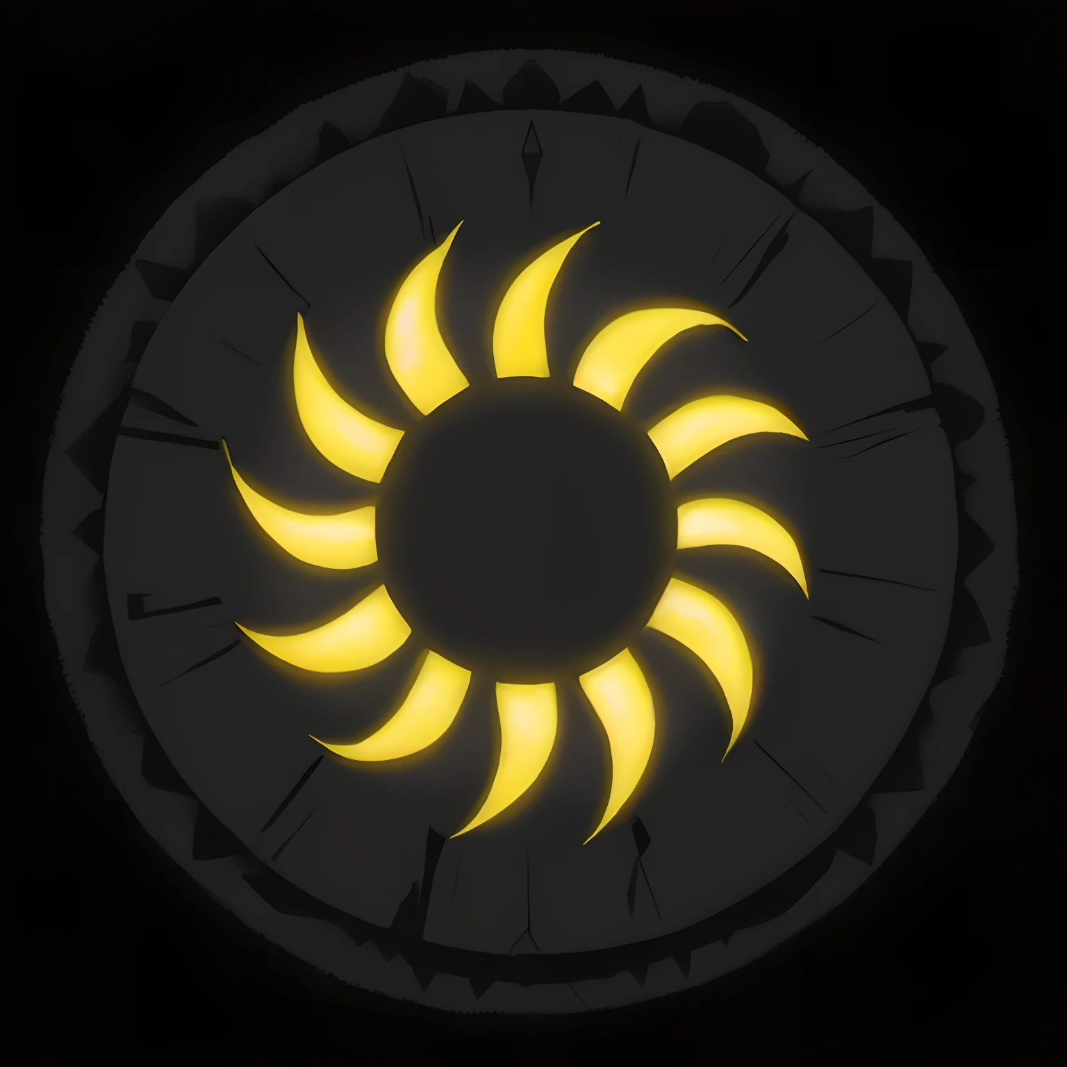 a black button with yellow sun on it, sol pleno, sol preto, Sol do buraco negro, sol do buraco negro, sol brilhando, sol escuro, punk solar, eixo do sol, sol brilhante, Shurikens, Asian Sun, Toque da lente, muito ensolarado, luz do dia, sol brilhante, raio de sol, brilho do sol, O Sol Escuro, sun in the zenith
