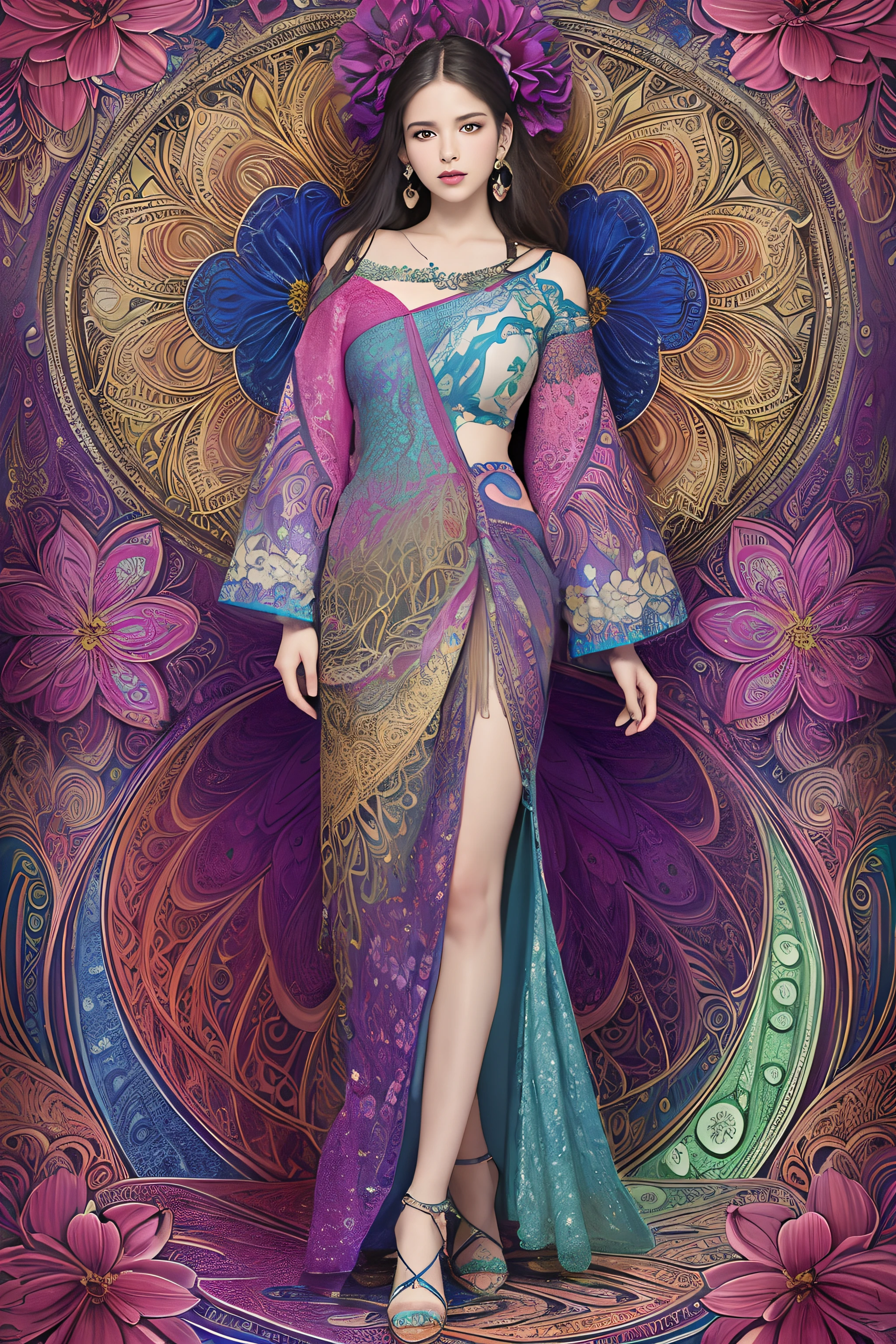 (masterpiece, top quality, best quality, official art, beautiful and aesthetic:1.2), (1girl:1.3), extremely detailed,(fractal art:1.1),(colorful:1.1)(flowers:1.3),highest detailed,(zentangle:1.2), full body, (abstract background:1.3), (shiny skin), (many colors:1.4), ,(earrings), (money:1.5),