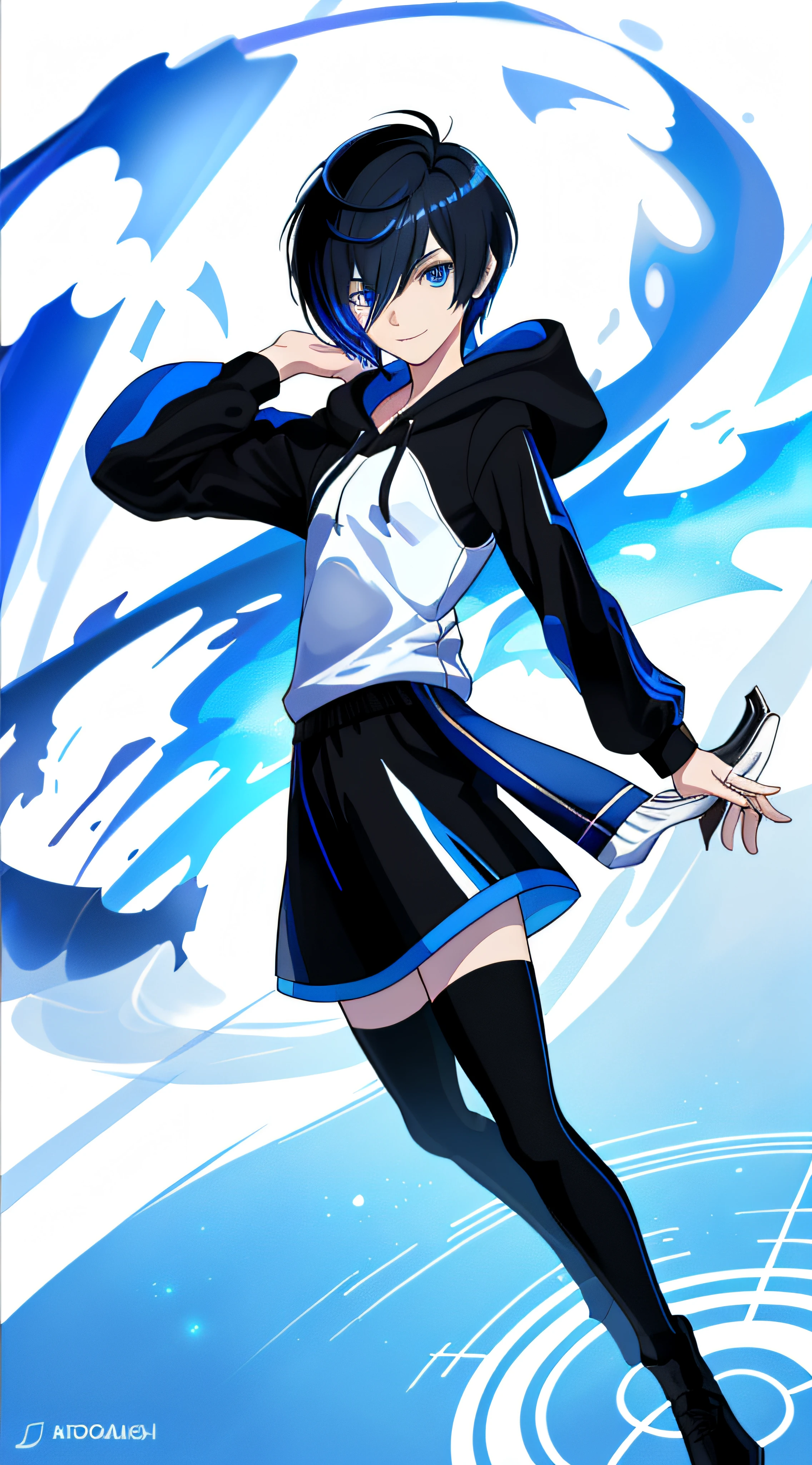 Colorful, hiquality, Sharp, Autofocus, looking a viewer, 1boy in, Cool, a handsome, blue eyes, Evil smile, Blue-black mesh hair, short-cut, pixie cut, hair above the eyes, Hair between the eyes, In a white hooded sweatshirt, All, ((With a clean white background)), Cinematic, particles of light, better shadow, ray tracking, Extremely detailed、Mid, (small boobs), tmasterpiece, male, Flat Breast, (Low angle), full - body