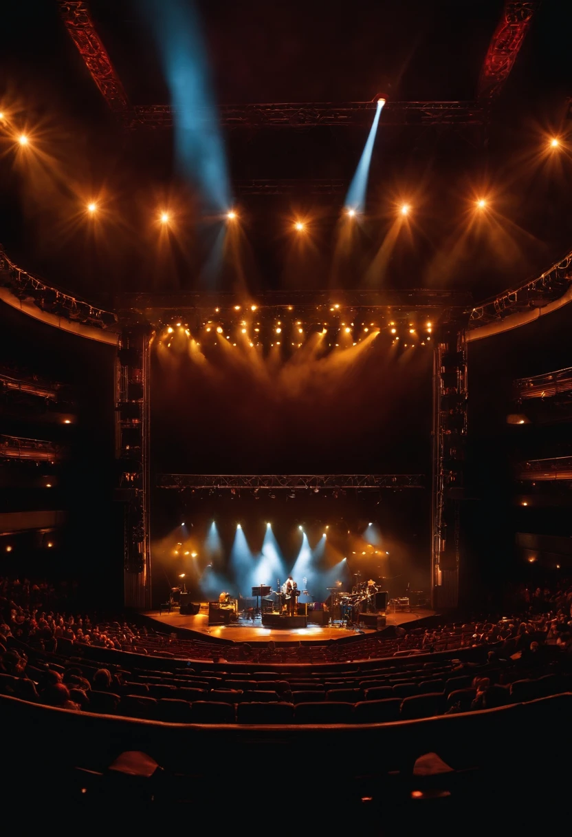 Imagem 16 por 9. vista de um palco de show de musica eletronica com varias pessoas a frente, ambiente claro, de alta qualidade e realista