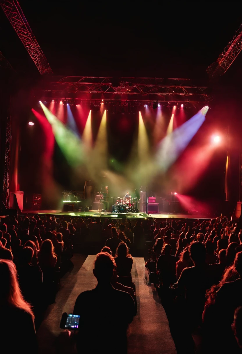 Imagem 16 por 9. vista de um palco de show de musica eletronica com varias pessoas a frente, ambiente claro, de alta qualidade e realista