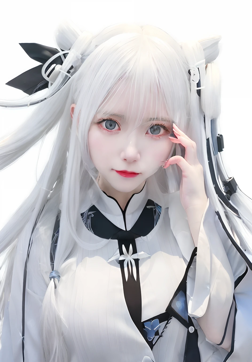anime girl with long white hair and blue eyes talking on a cell phone, from girls frontline, white haired, white-haired, white haired deity, anime moe artstyle, girls frontline style, kantai collection style, perfect white haired girl, girl with white hair, gray haired, fine details. girls frontline, with index finger, female anime character, silver haired