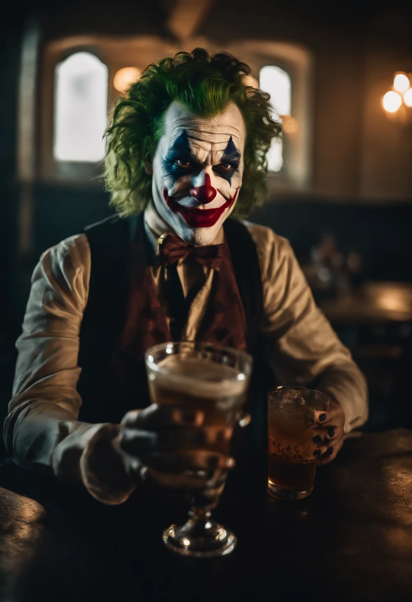 Uma imagem do Coringa, The Clown, Homem, ao estilo, In the same position,      Drinking energetic redbull looking at camera