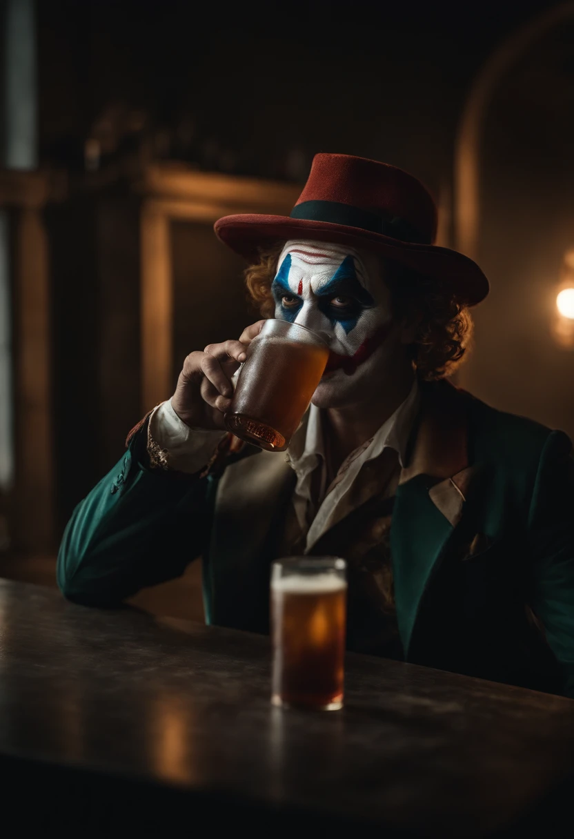 Uma imagem do Coringa, The Clown, Homem, ao estilo, In the same position, Drinking energetic redbull looking at camera