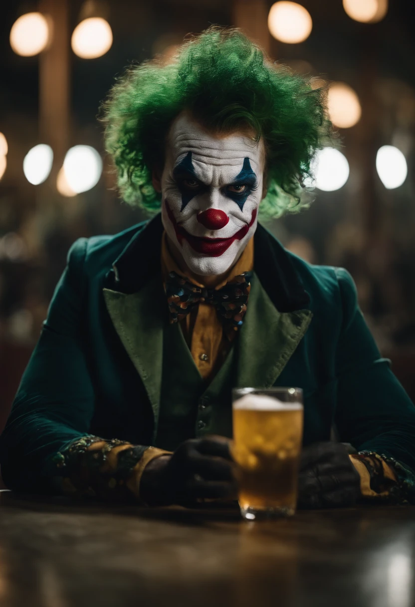 Uma imagem do Coringa, The Clown, Homem, ao estilo, In the same position,      Drinking energetic redbull looking at camera