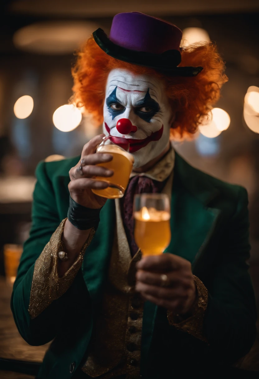 Two friends are hugging, smiling for the photo, and drinking whisky straight from the bottle. One friend is dressed as a killer clown with bloodstains on his clothes and face. He has sharp teeth and glowing eyes. The other is dressed as the Grim Reaper from the horror movie Scream and is holding a knife. They are both having a lot of fun, but even so, they are frightening to look at
