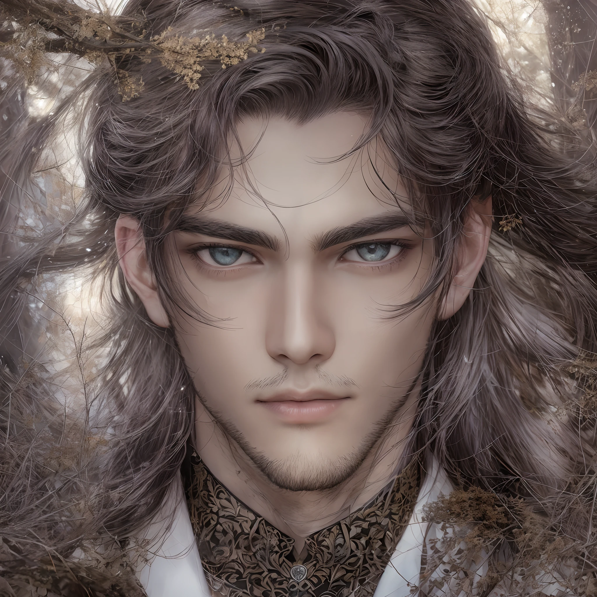 A handsome young man，年轻，Detail portrayal，mtu，A calm expression，Calm and relaxing，Handsome，the dark forest，（Dark forest），Quality dress，facial closeups，Light，（8K），（Masterpiece），（Engraved part），Clear environment，Handsome，Clear face，Vivid expressions，ln the forest，（quadratic element：1），facial closeups