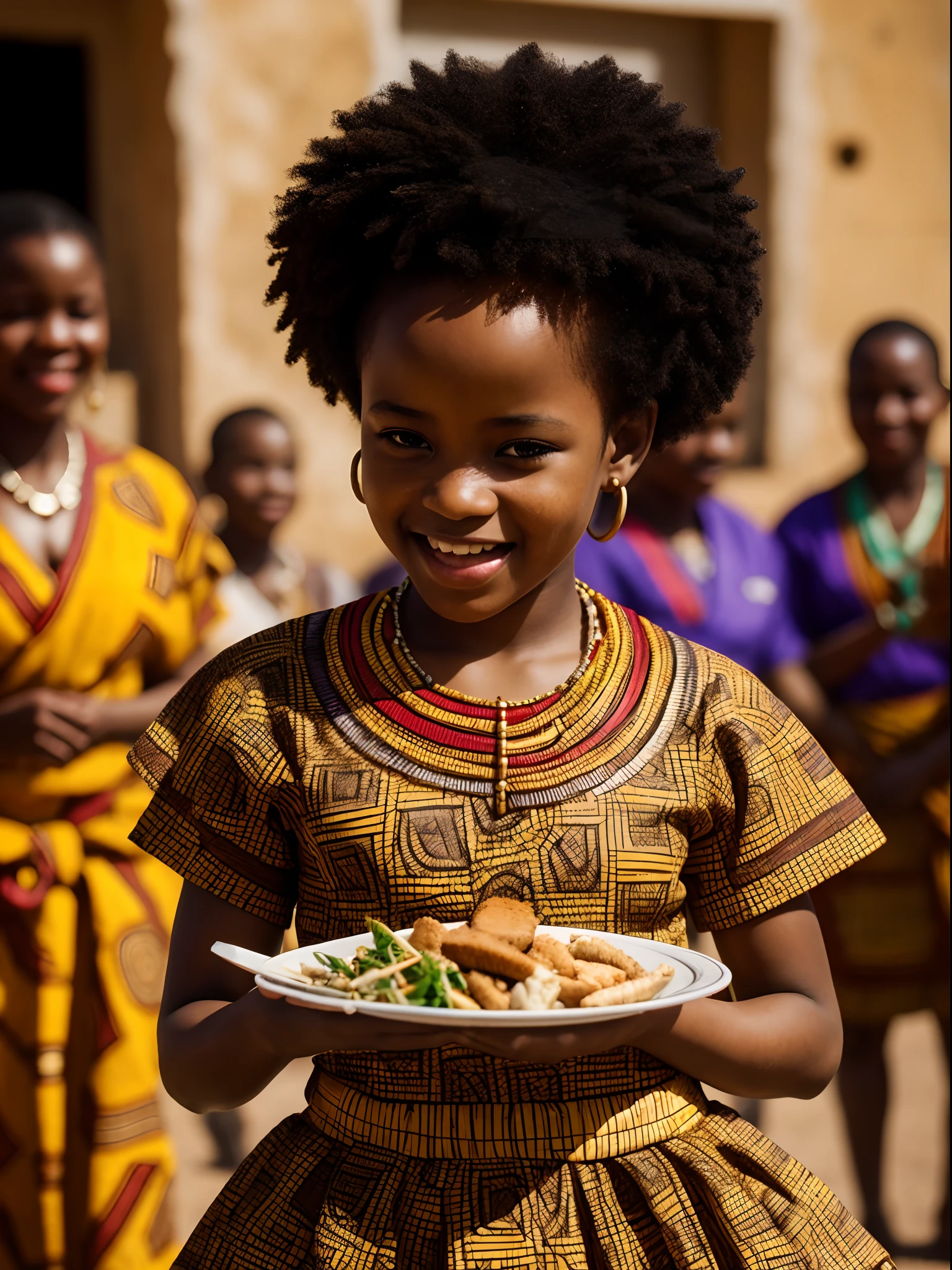 An African-American Child “with a plate of food and laughing hysterically, banging and cheering. As we explore the rhythms and dances that enchant the African game, we witness how the human body becomes a living manifestation of the culture, identity and indomitable spirit of the African continent.", ((best quality)), ((master part )), (ultra-detailed), high quality, traditional clothing from African culture, intricate details, natural lighting, exterior, warm colors, (Bokeh), (sharp focus on eyes), (highly detailed face, skin texture),