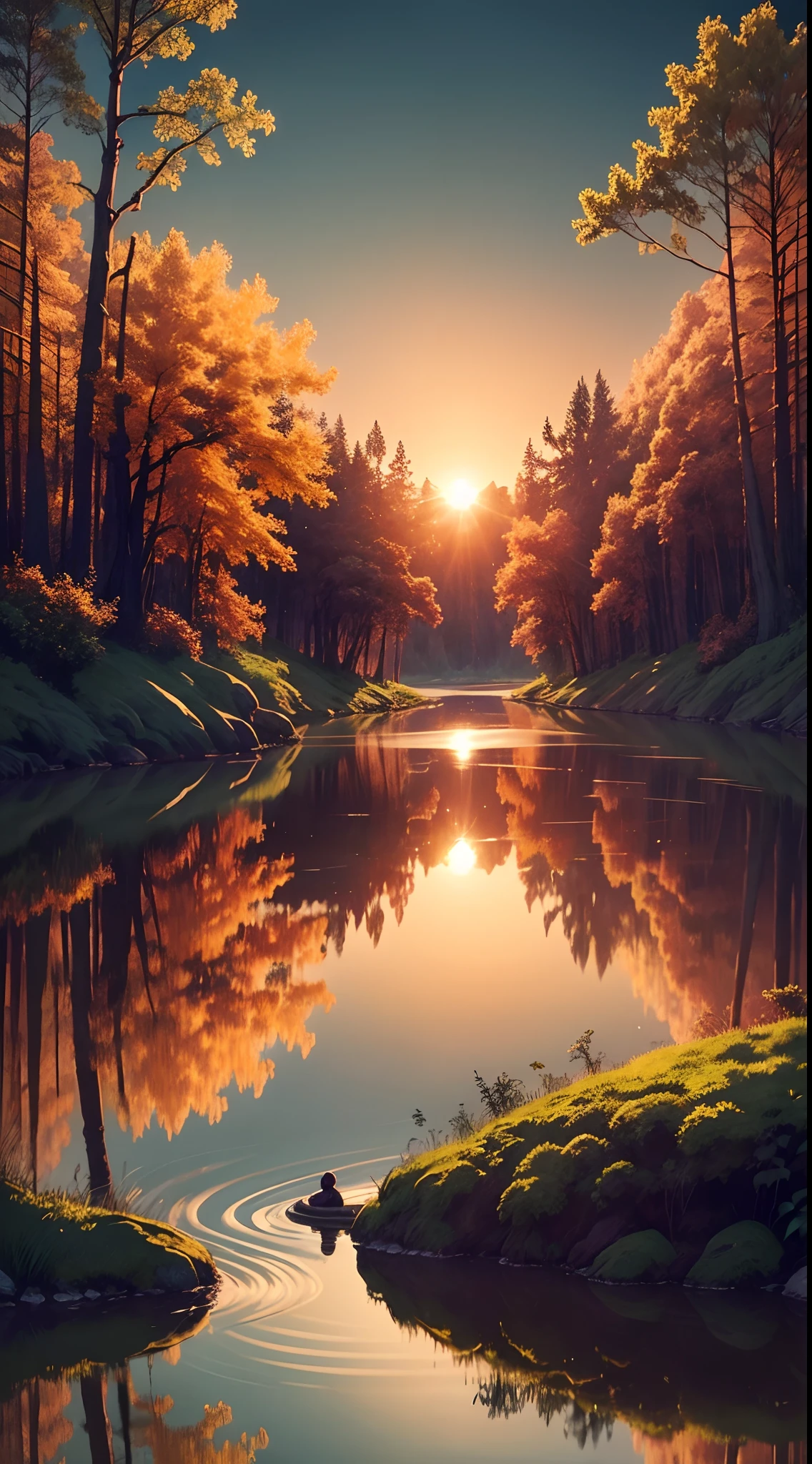 Envision a breathtaking moment captured in nature's embrace - a man passionately playing a grand piano on the serene shore of a winding river. The river gracefully cuts through the heart of a tranquil forest, reflecting the warm hues of the setting sun. The sky is painted in shades of orange and pink, with the sun slowly descending, casting a magical glow over the landscape. The man's silhouette is outlined against this stunning backdrop, pouring his soul into the piano's melodies. The forest, alive with vibrant foliage and the sounds of nature, bears witness to this musical serenade under the golden hues of the evening sun