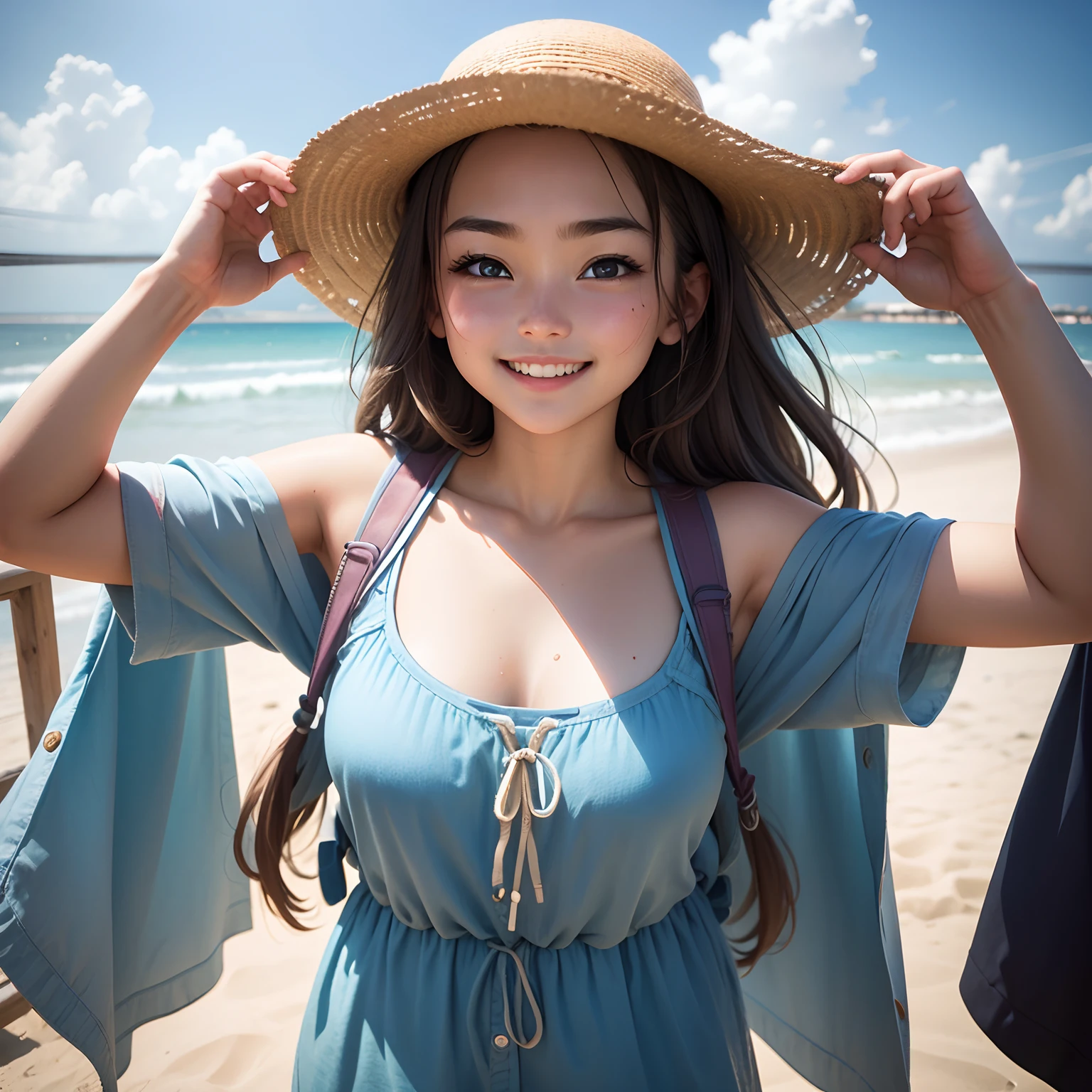 (a smiling japanese girl, 18years old, brown long hair)（Pink clothes that show cleavage)( a japanese girl plays at the beach)