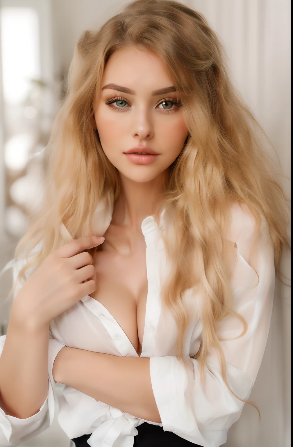 blonde woman with long hair posing in white shirt and black pants, long blonde hair and large eyes, beautiful blonde girl, pale skin curly blond hair, long blonde hair and big eyes, sexy girl with long blonde hair, portrait sophie mudd, very pretty model, gorgeous young model, clothed in white shirt, 2 4 year old female model