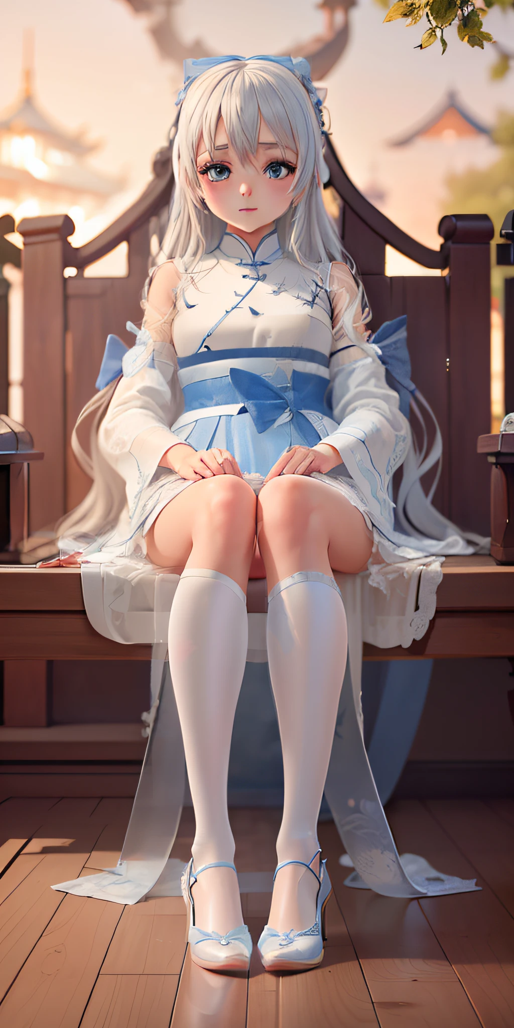 ((Best quality)), ((Masterpiece)), ((Ultra-detailed)), (illustration), (Detailed light), (An extremely delicate and beautiful),A charming young girl,long  white hair,Blue sky,(Chinese Garden),Silky footjob