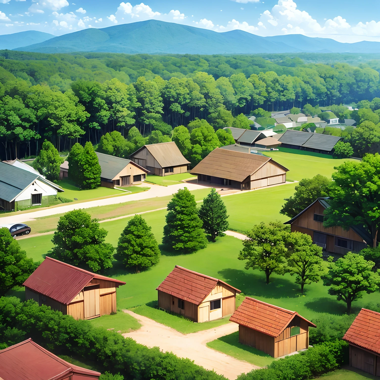 I want you to make a forest, Camp, Small Village, Old House, Newer House,
