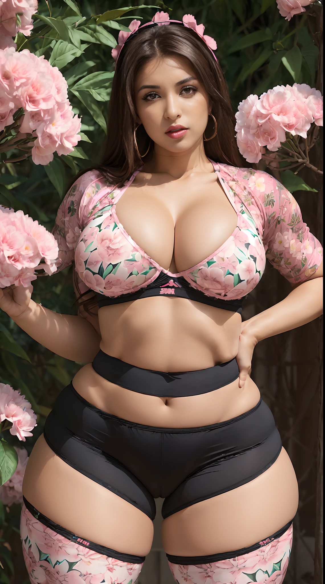 (((((((("Extreme large huge Thighs"))))))),((A Moroccan woman )), (Arab woman),(big tits),(with brown hair with a hairstyle similar to a ponytail), (((Slim siwaist and stomach))), ((((wearing black elastic sports pants with pink flowers design that fit so tight that G-string printed on the front))), ( black bra ), (her breasts are large), (brunette skinned woman), (brown eyes), (red lips),(((Looking at viewer))),