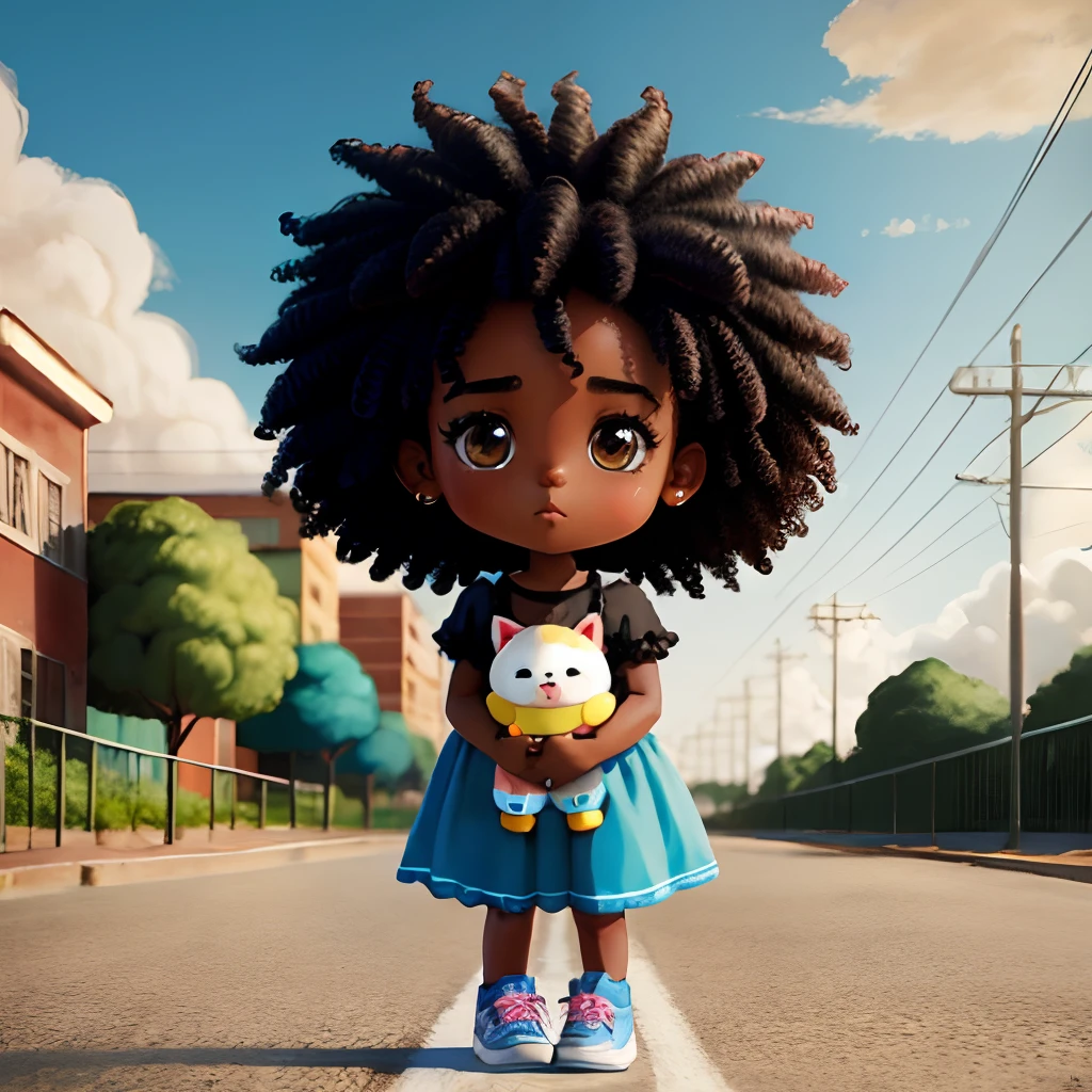 Advanced Digital Chibi A cartoon character holding a doll, menina negra, arte do filme, Foto limpa, Ghailan!, Como um personagem da Pixar, menina bonita, de 6 anos de idade , cabelo afro, grace and blessing, renderizado em irreal, imagem promocional do filme, imagem renderizada - (afro:0.9), afro:1.2