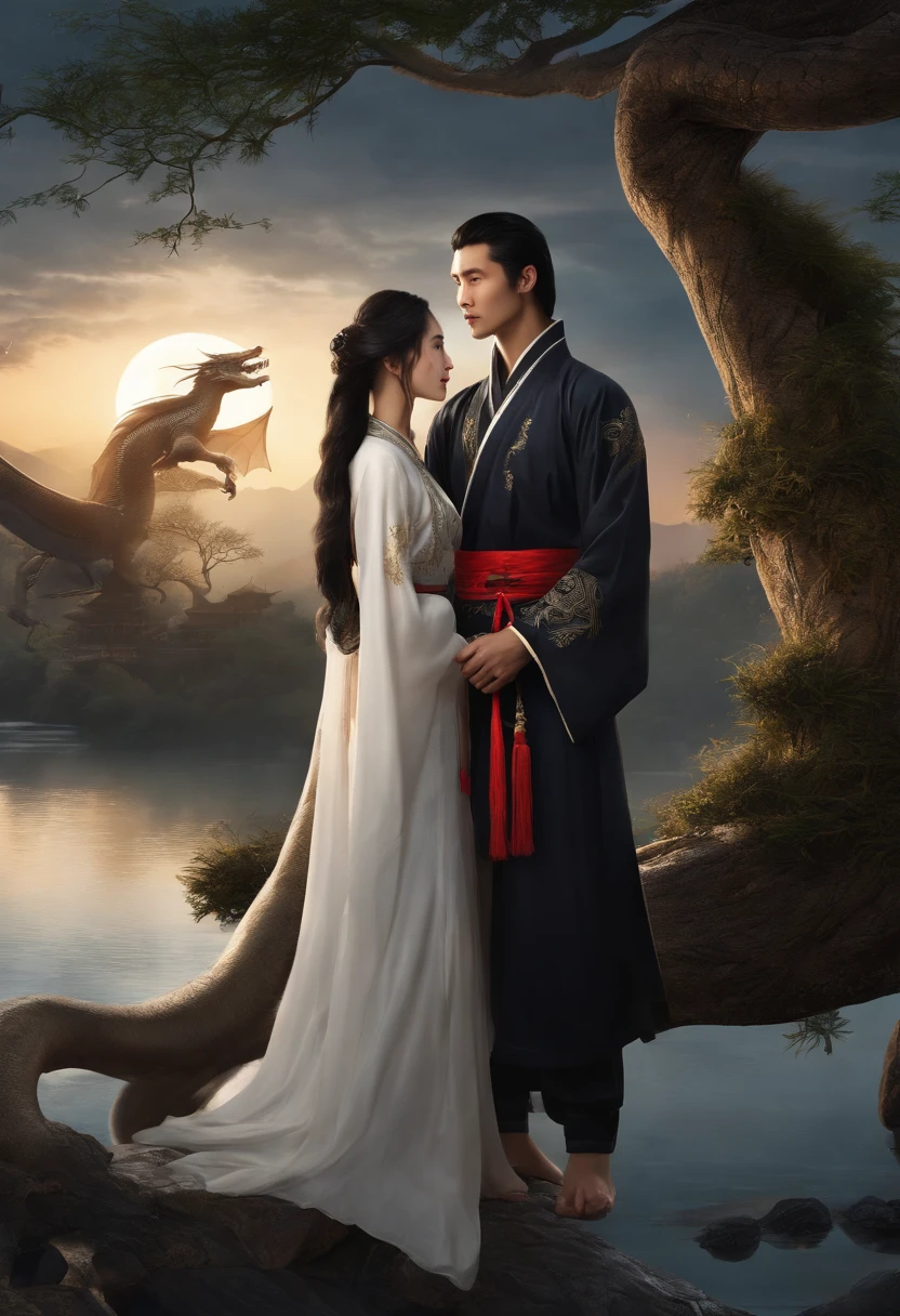 Masterpiece, Excellent, Outdoor, Night, Full Moon, Lakeside, Branches, Boy Holding Girl, Mature Man, Chinese Style, Ancient Chinese, Black Hair, Black Eyes, Long Split Hair, Long Bangs, Handsome, Handsome, Masculine, Gentle, Tall, Calm, Black and Gold Mixed Dragon Pattern Prince, A Sword, Delicate Facial Display