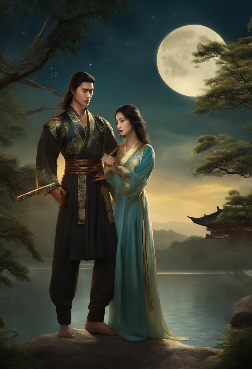 Masterpiece, Excellent, Outdoor, Night, Full Moon, Lakeside, Branches, Boy Holding Girl, Mature Man, Chinese Style, Ancient Chinese, Black Hair, Black Eyes, Long Split Hair, Long Bangs, Handsome, Handsome, Masculine, Gentle, Tall, Calm, Black and Gold Mixed Dragon Pattern Prince, A Sword, Delicate Facial Display