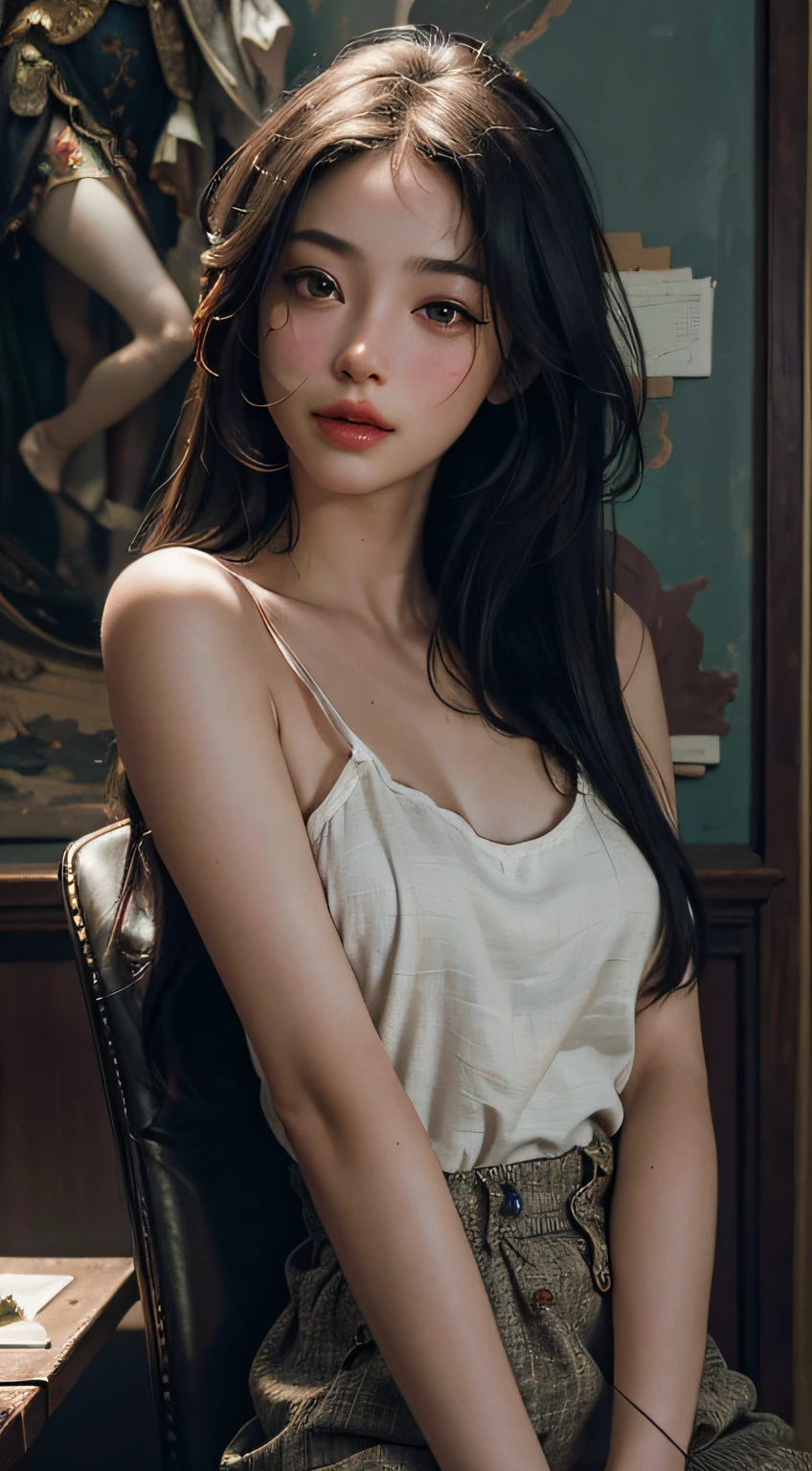 (RAW photo, best quality), (realistic, photo-realistic:1.3),best quality,highly detailed,masterpiece,ultra-detailed,illustration,1girl,upper_body,dynamic angle,world masterpiece theater,messy_long_hair,best quality,extremely detailed CG unity 8k wallpaper,ink,Amazing,cinematic lighting,lens_flare, dunhuang_style, long legs, almost nude
