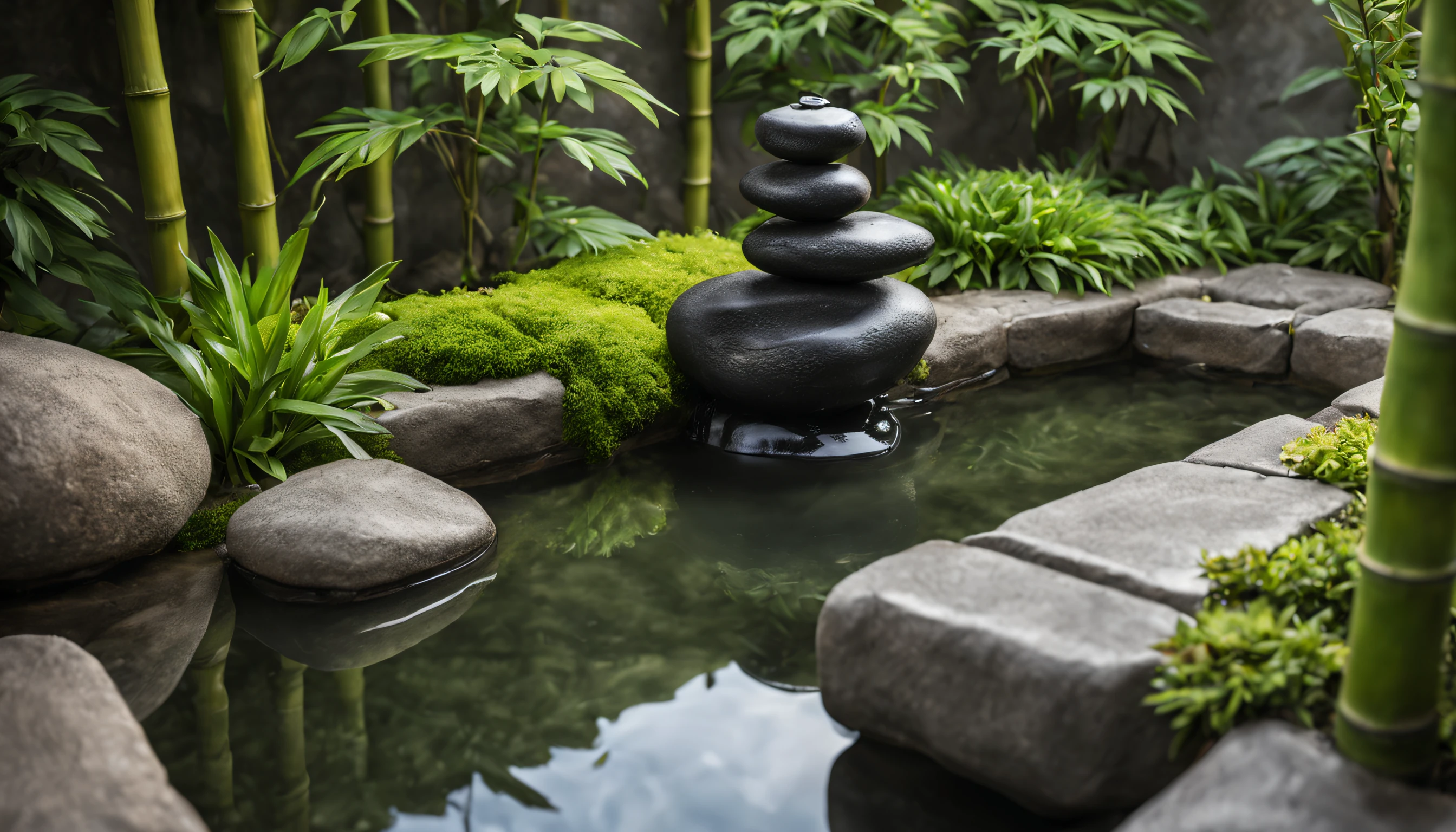 Create an ultra-realistic image of a tranquil Zen garden. In the center, there is a serene water fountain surrounded by a lush array of bamboo and delicate flowers. The fountain features a bamboo spout from which water gracefully cascades into a collection of black stones, forming a small pool. The bamboo is thick and sturdy, with its vibrant green color contrasting against the muted tones of the surrounding stones. The water falling from the bamboo spout creates a soothing sound that melds with the peaceful atmosphere of the garden. The surface of the water in the pool is calm and reflective, mirroring the beauty of the surrounding elements. In the background, a blurred green landscape adds depth and a sense of serenity to the scene, transporting you to a place of pure tranquility. Every detail, from the intricate textures of the bamboo to the delicate petals of the flowers, is depicted with utmost realism, immersing you in the Zen garden’s serene ambiance.