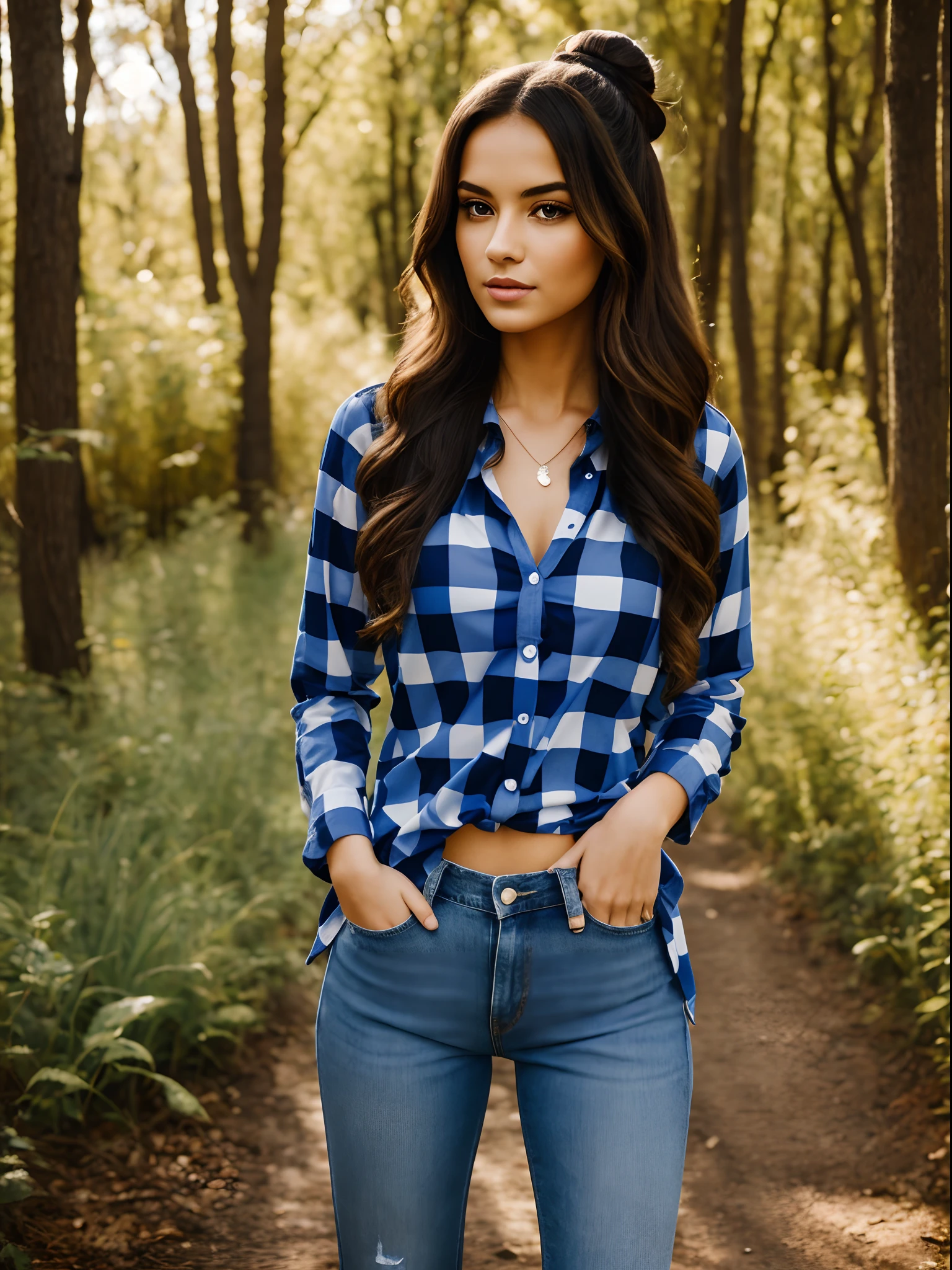 Portrait: A captivating portrait of a woman with an air of mystery. She wears a checkered pattern shirt top, its deep V-neckline revealing a glimpse of her alluring beauty. Her long, flowing hair is styled in a messy bun, adding an element of effortless charm. Against the backdrop of nature, she poses with confidence, her blue jeans contrasting with the outdoor scenery.