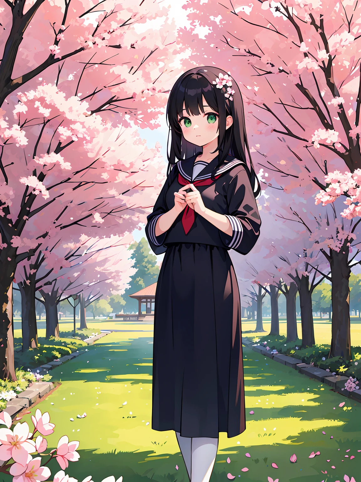 (masterpiece), (best quality), beautiful illustration, 1girl, long black hair, green eyes, girl standing under a cherry blossom tree, morning, sun, sailor form