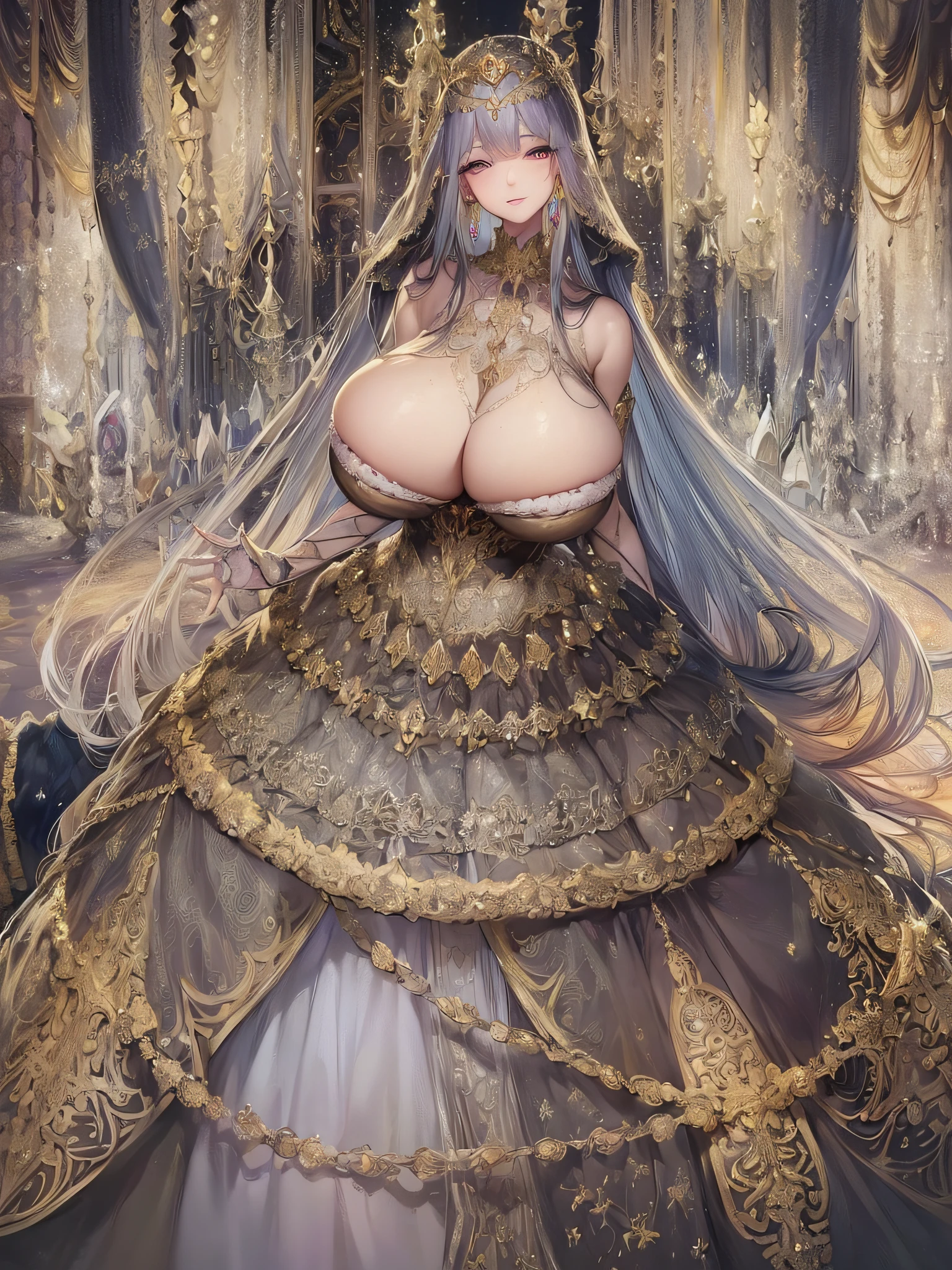 ((anime artstyle)),(Masterpiece),(Best Quality), (Super Detail),(Highly Detailed CG Unity 8k wallpaper),((Very Delicate and Beautiful)),cinematic lighting,1 girl,((full body portrait)),((standing in garden)),((solo)),(((1 fairytale princess in gorgeous embroidery and jeweled extremely gorgeous rococo princess ballgown with voluminous full length hoop skirt))),an hourglass waist,padded and corseted bodice,(((huge crinoline hoopskirt))),long train,((gorgeous embroidery and jeweled)),voluminous frills,See-through,(((extremely gigantic tits,skindentation))),cleavage,((absurdly Long Straight Hair,extremely voluminous Straight long Hair,absurdly Long Straight Hair)),(finely detailed face and eyes),(Blush,Smile),clear pupil,extremely gorgeousfull hair ornament,(bling-bling jeweled extremely gorgeousfull tiara),((bling-bling gorgeous gemstone jewelry)),gorgeous long veil,((ultra long gloves)),(beautiful background),(full body),((gorgeous embroidery and jeweled extremely gorgeous rococo princess ballgown with voluminous full length hoop skirt))