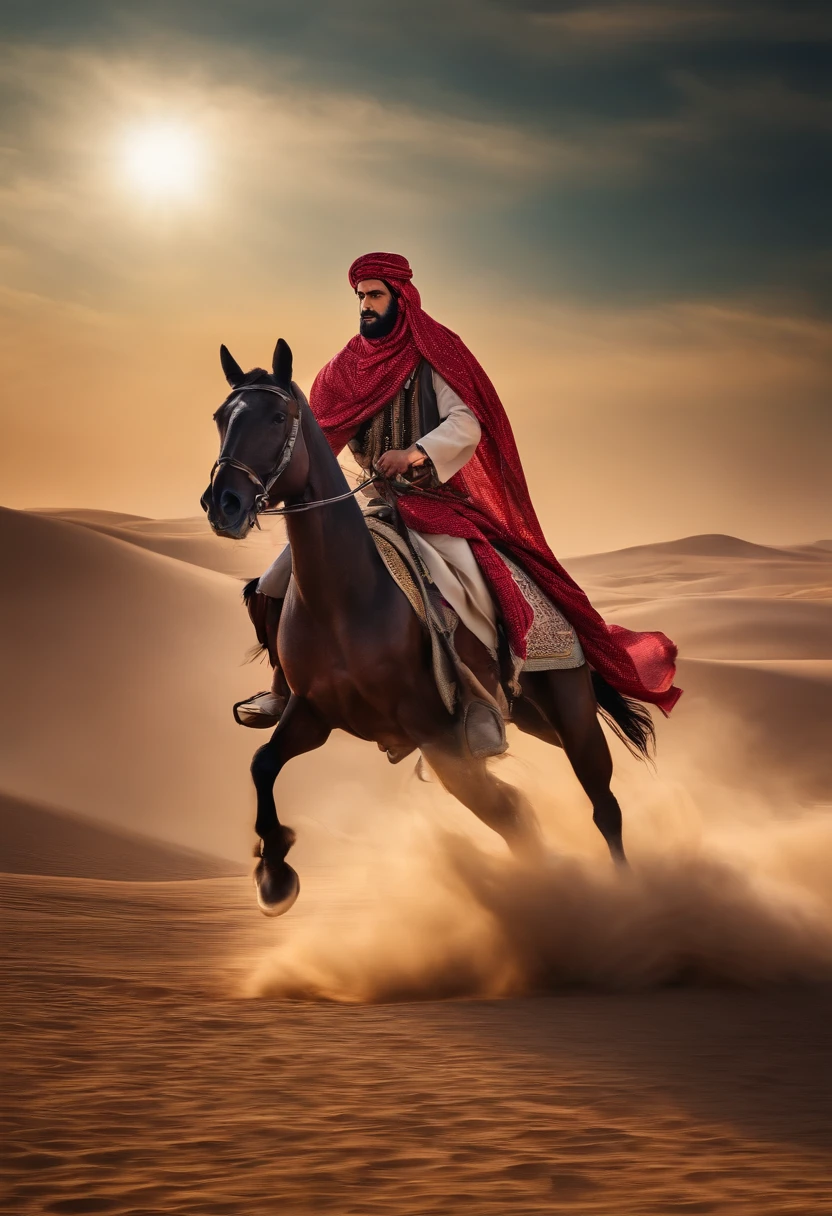 An Arabian man riding horse moving towards enemy with heavily armed