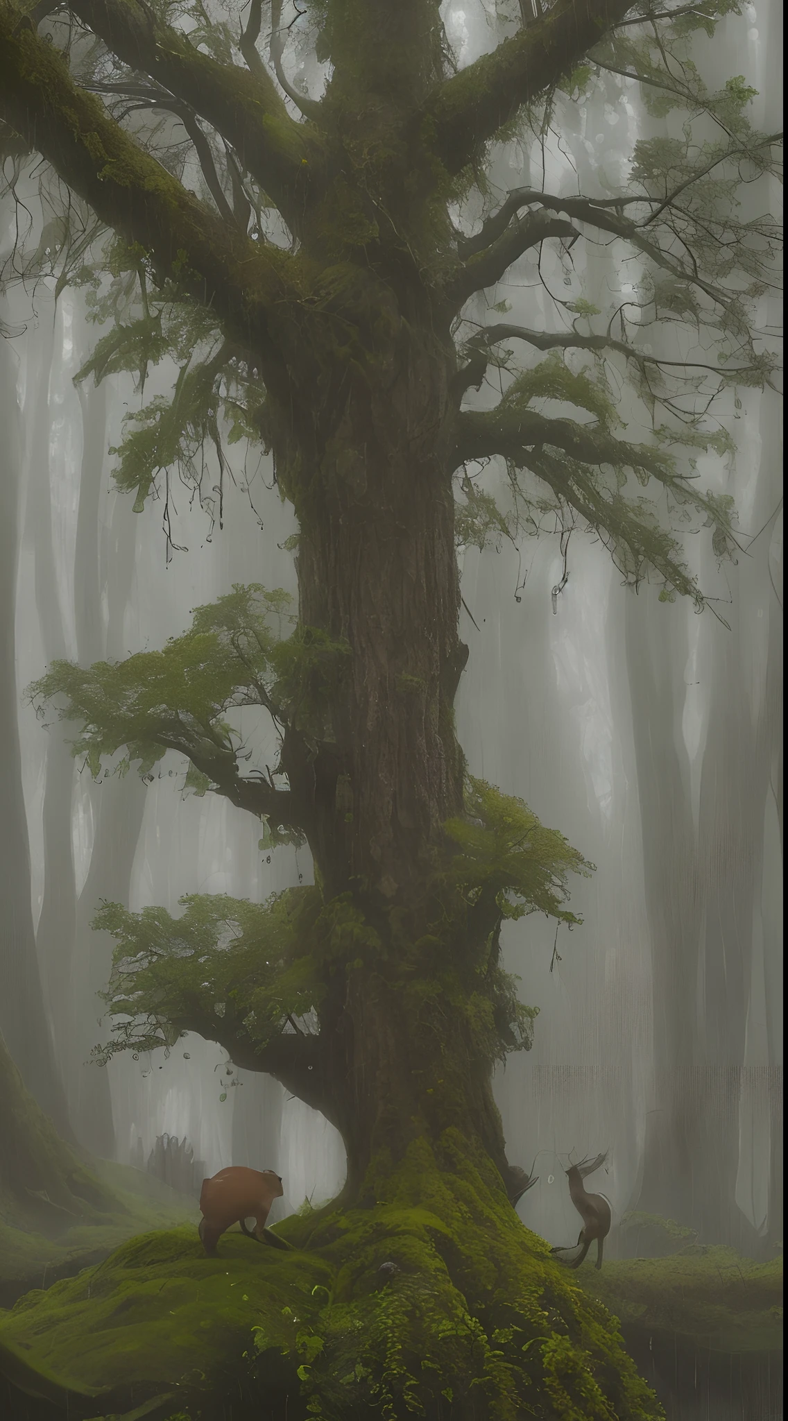 Imagine a lively forest on a rainy, cloudy day, bursting with a vibrant palette of greens and earthy tones. The rain gently falls, creating a soothing symphony as it caresses the leaves and nourishes the flora. The sky above is a tapestry of gray clouds, adding a mystical ambiance to the scene. Various animals roam freely - deer graze in the meadow, birds take shelter on the branches, and a playful squirrel scurries along the tree trunks. This lively forest scene encapsulates the beauty and vitality of nature, even on a wet and cloudy day.