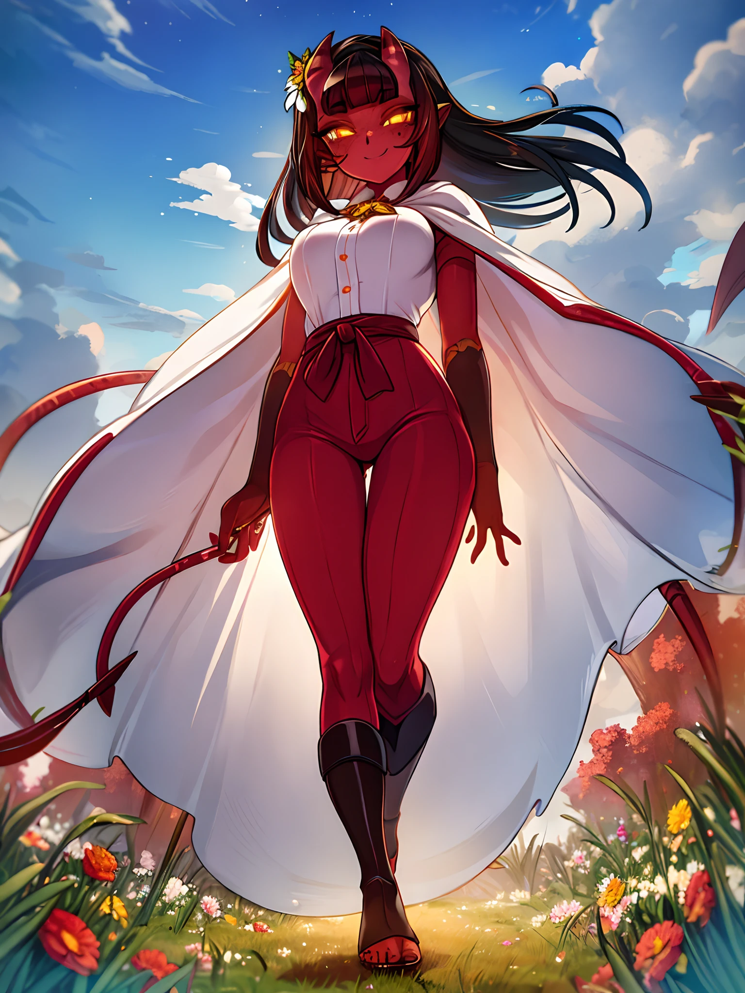 a beautiful and detailed image of meru , merunyaa,(red skin:1.3), horns,clothed,(freckles), flowing white dress,backlighting, field of flowers, holding flower, flower hair accessory, yellow eyes,smile, clouds,in front, alone, pants, medium breast,, knife holding, cloak, cape, walking, pants, solo, flip flops boots, full body, big breast