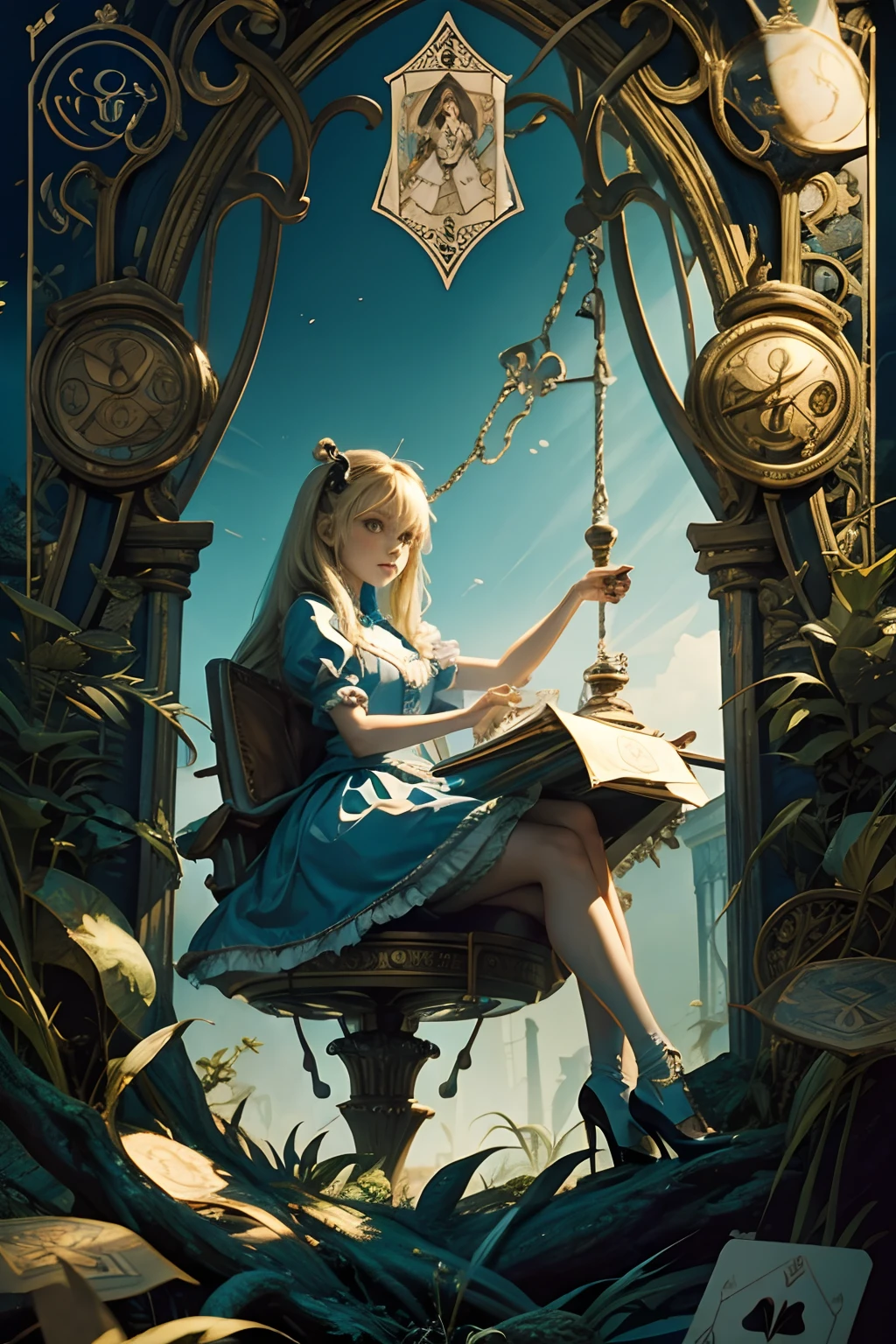 (Dreaming:1.2), (Fantasy:1.2), 1Girl, Only One Girl, Solo, (Full Body:1.9), (Reading a book: 1.7), (Realistic book shape: 1.7), natural book form, (Many books:1.5), (5fingers in total: 1.5), (2 arms:1.7), (2 legs:1.7), 5fingers, complete 5fingers, natural 5fingers, Natural nail shape, (natural nails: 1.2),(Alice in Wonderland:1.1)