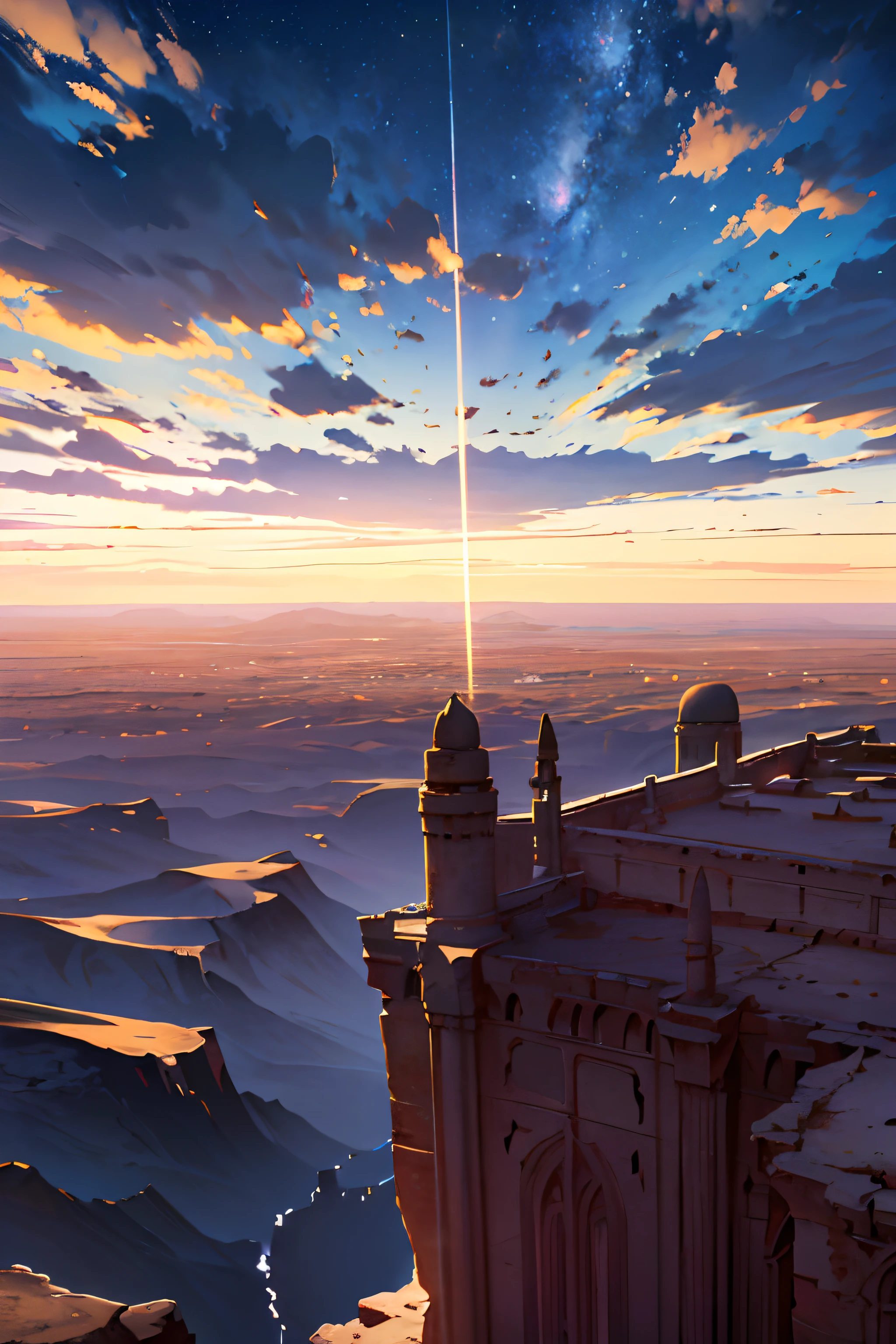 A desolate and desert landscape. In the center of this vast desert, stands an immense wall that rises majestically above the horizon. The wall goes from end to end, with architectural details that make it stand out. (strong, visible colors) (Top view, high angle view, focal point composition) masterpiece, best quality, high quality Extremely detailed anime background: v6 Twilight skies, clouds, sparkles, floating.