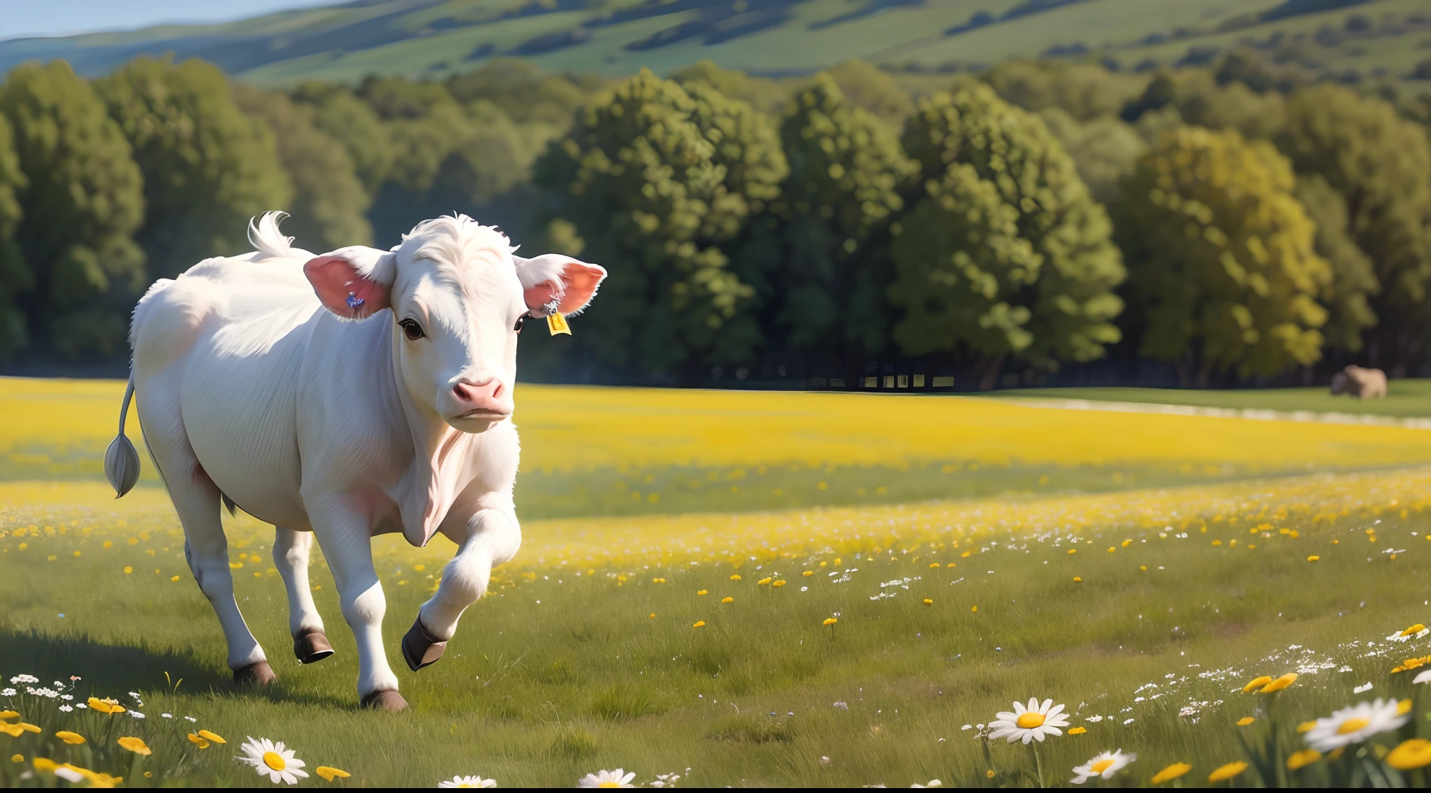 "Daisy, the curious calf, with tiny hooves dancing in joy, explores the vibrant meadow."