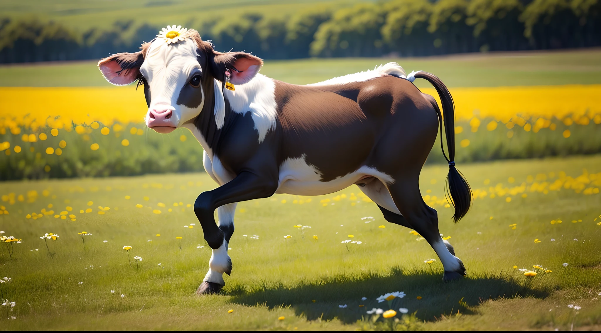 "Daisy, the curious calf, with tiny hooves dancing in joy, explores the vibrant meadow."