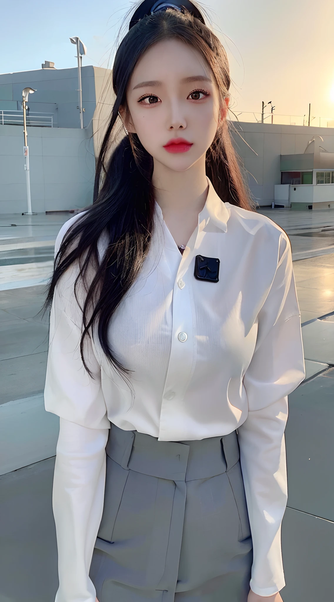 (8K, Raw photography, top-quality, masterpiece:1.2), One Woman、Japan at the age of 18,(Realistic Skins 1.4) 、((cabin attendant、Airplane crew))、(((Wearing a uniform、Cabin Attendant Uniform、scarf、wears glasses、)))((Smaller chest、small tits、))、(Black stockings、high-heels、)50mm Lens、30mm film、(a short bob、bobhair、)(A dark-haired、a short bob、The forehead is hidden by bangs、)、Black eyes、shinny skin、Skin shiny with sweat、Beautiful delicate face、Beautiful delicate eyes、bbw、Voluptuous body shape、Thicker thighs、One piercing in each ear、simple background、Gray background、