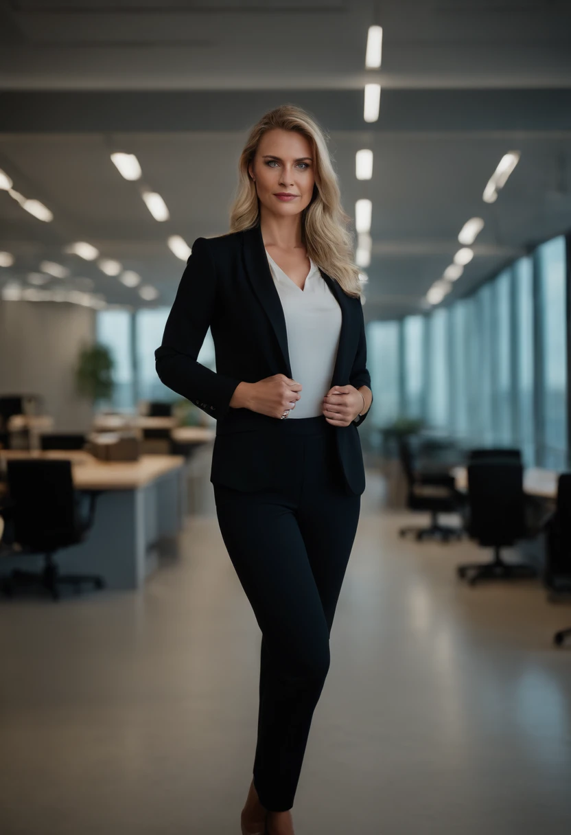 Upper body shot of a blue-eyed blonde woman in a black blazer and black business pants standing in an office, Business Clothes, Panoramic view of the city, Foto RAW, pele altamente detalhada ,8k UHD, DSLR, soft lighting, alta qualidade, filmic grain, Fujifilm XT3.
