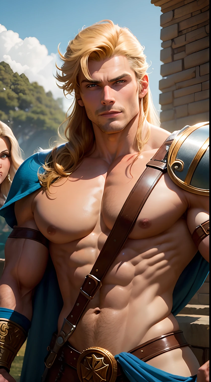 A young Dolf Lundgren as Heman from the masters of the universe, robust, handsome, holding the magic sword and a buxom and completely naked Lucy Pinder as Teela standing beside him, upper body, outside castle greyscull, smiling
