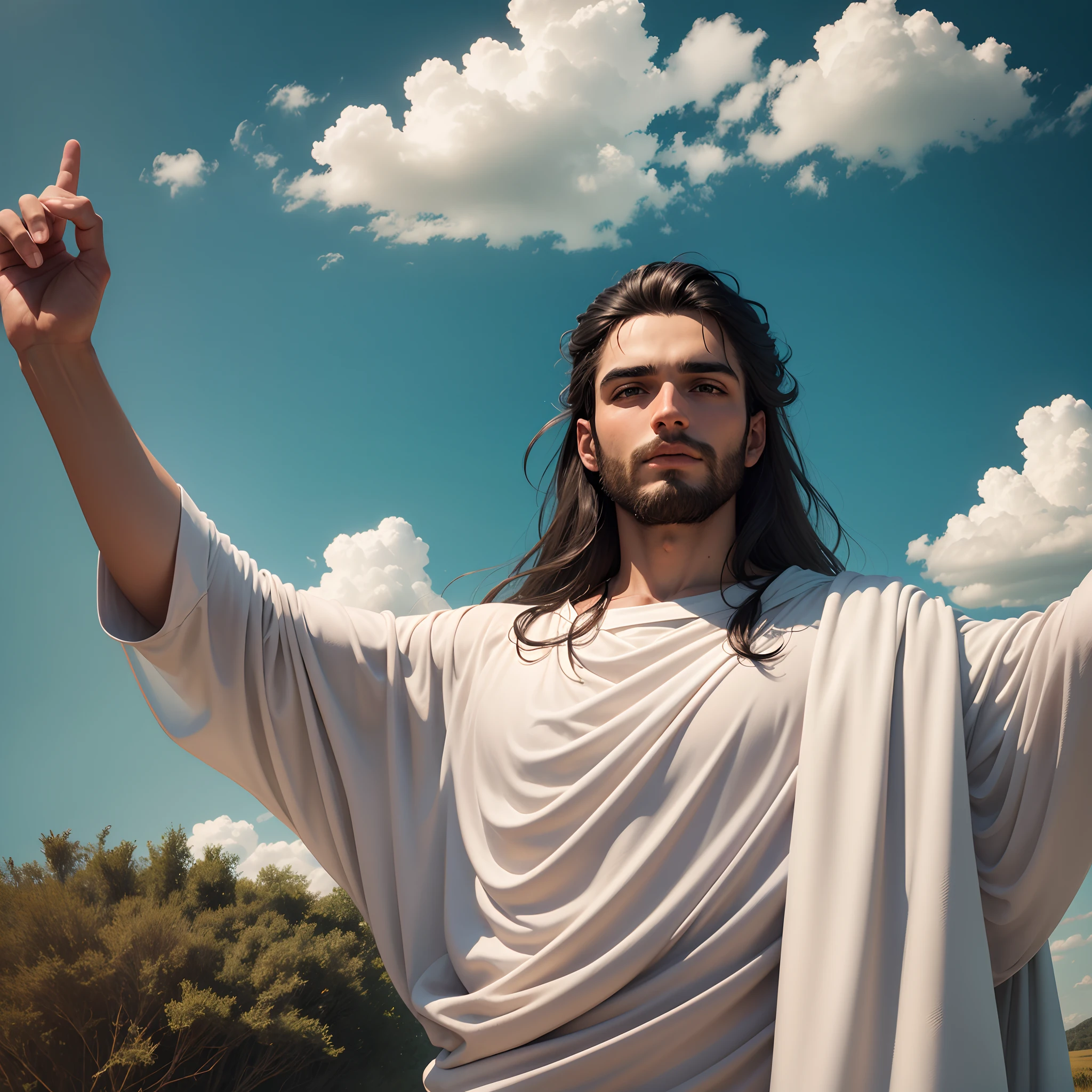 jesus cristo belo, gloriosos, ao seu redor um brilho forte, a paisagem de fundo um campo verdejante. 16:9 pic --auto --s2