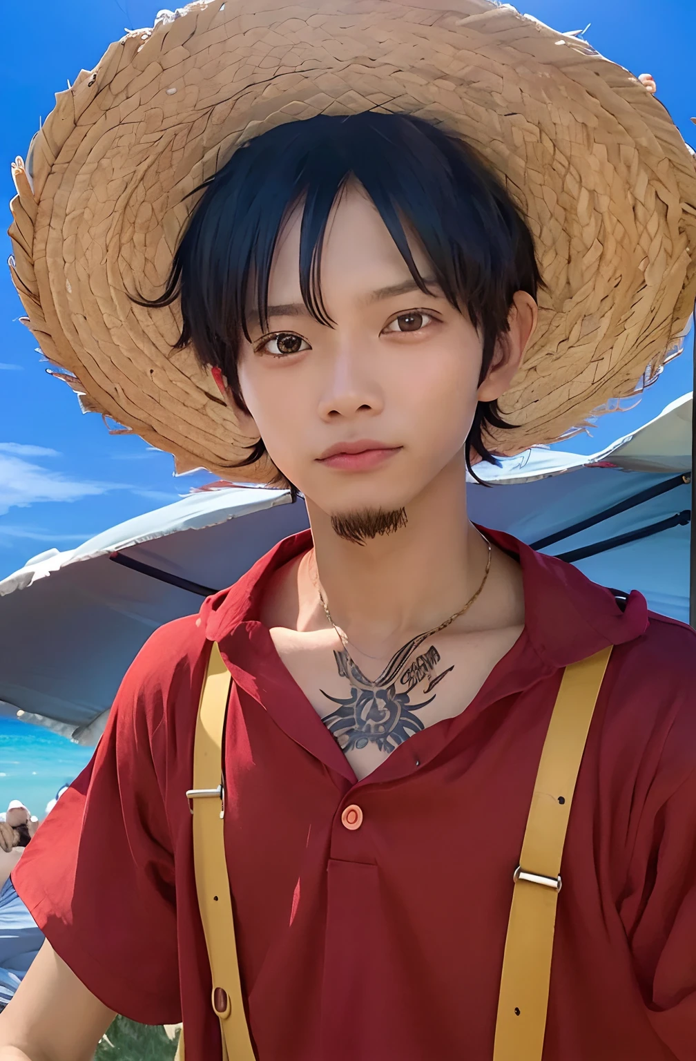 1 Boy, Monkey D Luffy, Straw Hat, Red Shirt, Short Hair, Black Hair, Realistic, Ultra Detail, 70mm Lens,