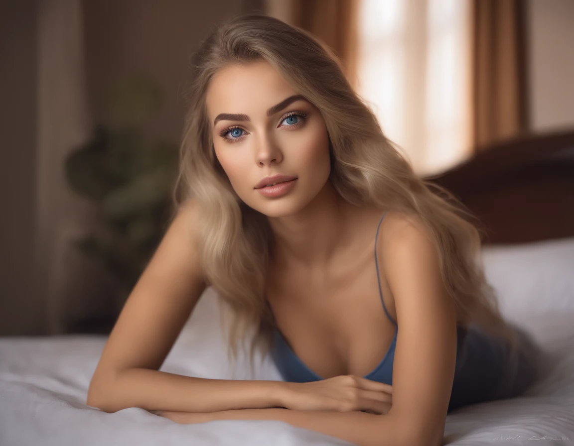 arafed woman fully , sexy girl with blue eyes, ultra realistic, meticulously detailed, portrait sophie mudd, blonde hair and large eyes, selfie of a young woman, bedroom eyes, violet myers, without makeup, natural makeup, looking directly at the camera, face with artgram, subtle makeup, stunning full body shot kneeling on bed, in bedroom, medium to large size bust