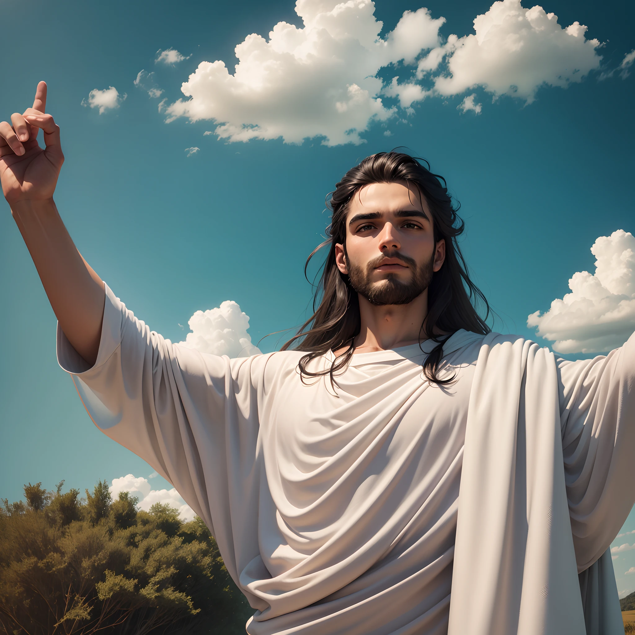 jesus cristo belo, gloriosos, ao seu redor um brilho forte, a paisagem de fundo um campo verdejante. 16:9 pic --auto --s2