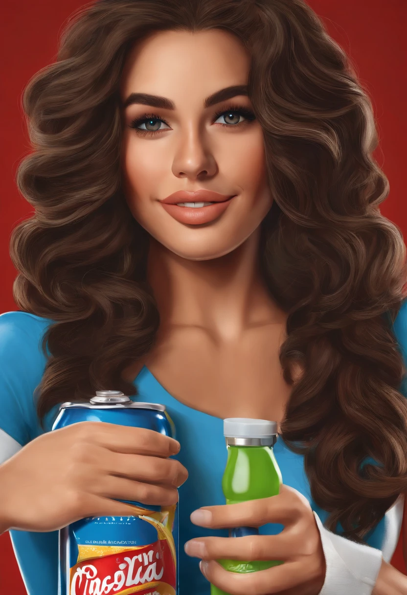 An athletic 20-year-old with dark brown hair with curls that fall over her shoulders. Her brown eyes have a special sparkle that reflects her joy and determination.. Su piel bronceada muestra algunas pecas en su nariz y sus mejillas, que le dan un aspecto dulce y natural. Lleva un conjunto deportivo de color azul que resalta su figura esbelta y tonificada. El sujetador deportivo deja al descubierto su abdomen plano y sus brazos musculosos. Las mallas se ajustan a sus piernas largas y firmes. He holds a can of green drink in his right hand while smiling confidently. The can has the logo of an energy drink brand that sponsors its track team.. En su mano izquierda lleva una toalla blanca con la que se seca el sudor de su frente. She's sitting on a wooden bench in a modern, well-equipped gym.. Around it there are several bodybuilding equipment, pesas, colchonetas y espejos. En uno de los espejos se ve el reflejo de su rostro, who shows an expression of pride and satisfaction for their effort.