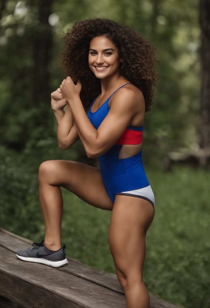 An athletic 20-year-old with dark brown hair with curls that fall over her shoulders. Her brown eyes have a special sparkle that reflects her joy and determination.. Su piel bronceada muestra algunas pecas en su nariz y sus mejillas, que le dan un aspecto dulce y natural. Lleva un conjunto deportivo de color azul que resalta su figura esbelta y tonificada. El sujetador deportivo deja al descubierto su abdomen plano y sus brazos musculosos. Las mallas se ajustan a sus piernas largas y firmes. He holds a can of green drink in his right hand while smiling confidently. The can has the logo of an energy drink brand that sponsors its track team.. En su mano izquierda lleva una toalla blanca con la que se seca el sudor de su frente. She's sitting on a wooden bench in a modern, well-equipped gym.. Around it there are several bodybuilding equipment, pesas, colchonetas y espejos. En uno de los espejos se ve el reflejo de su rostro, who shows an expression of pride and satisfaction for their effort.
