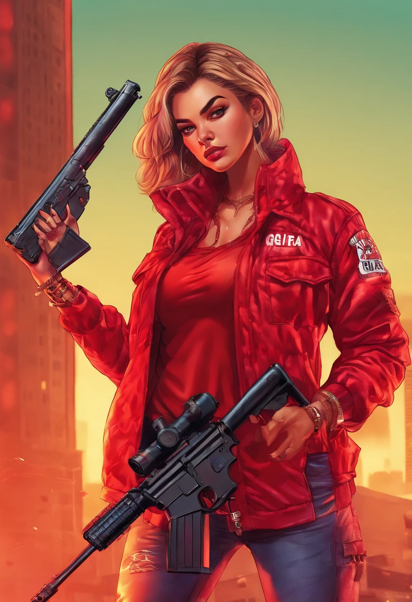 a girl in a red outfit, holding a rifle, (extremely detailed face and body), vibrant colors, (portrait), red color tone, dramatic lighting, (best quality, ultra-detailed, highres), realistic