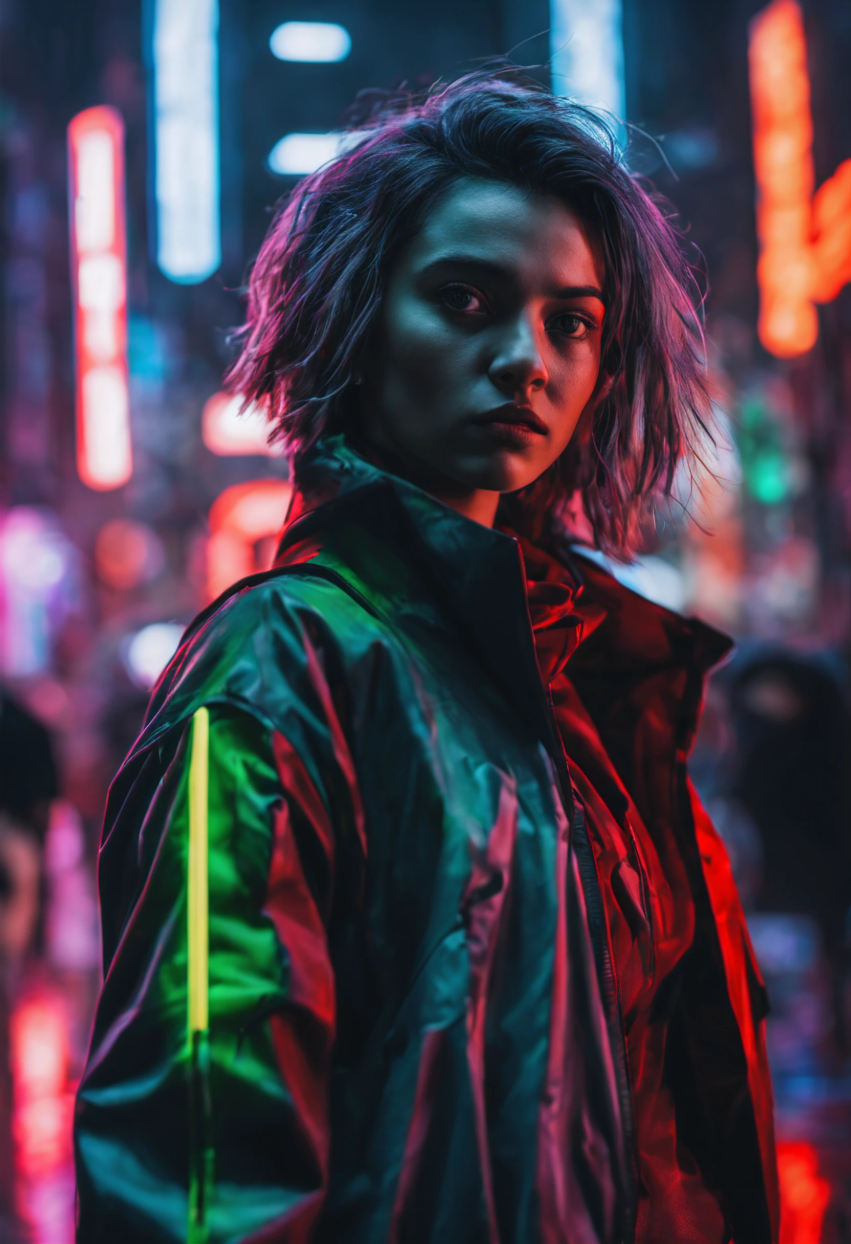 girl in the middle of cyberpunk city street, soft body, flowing hair, Shadow play, mist, moody, glossy short ash gray hair, orange tech jacket, red iris eyes, vivid, red, cream, brown, green, neon light, purple neon, blue neon, red neon,, Film light, Hyper detailed, Hyper realistic, masterpiece, atmospheric, High resolution, Vibrant, High contrast, dark angle, art by Koos Roos, 8k, HDR, 500px