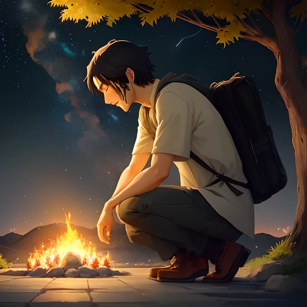 Moses kneeling near a burning bush with fear on his face  peaking to God ancient Israel  /imagine prompt: Old elder in tears, ,32K, Best quality, Masterpiece, Super detail, High details, By Makoto Shinkai ,in the style of the stars art group xing xing, --niji 5