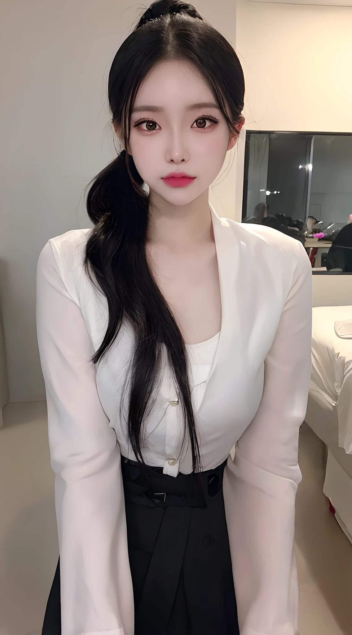 Raw foto, Photorealistic, s whole body, Black ponytail hair, pale-skin, Black eyes, Pink lips, (Cute), Detailed face, Detailed Eyes, Detailed hair, All renders, super detaill, Anatomically accurate., high detailed, High Quality, Best Quality, high resolucion, 8K, Masterpiece,flight attendant uniform,Soften your makeup