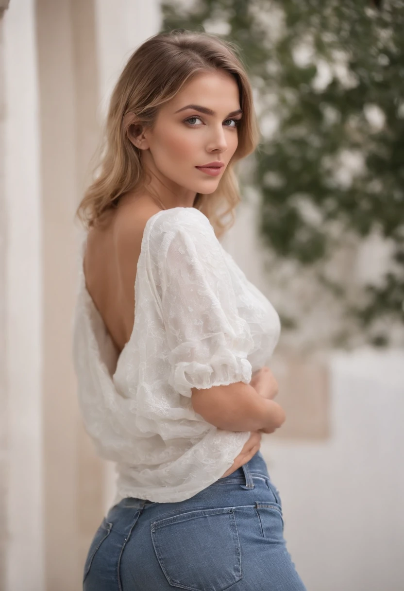 Beautiful 25-year-old Swedish, pelo muy rubio, cabello muy rubio, pelo rubio largo rizado, rubia, joven estilo suecia, ojos grises, piel blanca, senos naturales normales, senos normales, smal boobs, small breast size ,mujer sexy, estilo de cuerpo sexy, estilo elegante, cadera ancha, pompas grandes, pompas firmes, pompas suaves, muslo grande, muslo carnoso, cadera grande,cadera sexy, usando jeans azules ajustados, usando jeans que esten pegados a su cadera grande, small waist, cintura delgada, usando blusa de tirantes blanca, en el centro comercial, mandando beso, enviando un beso a la camara