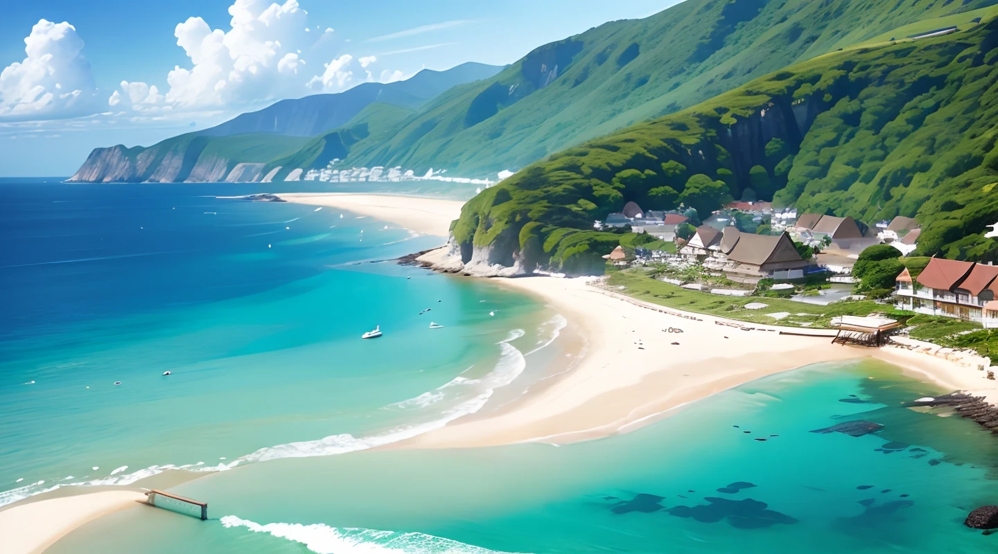 High-definition photos、You can see the whole thing、full-shot、Seaside campsites、Beautiful sandy beaches、Warm sunshine、Wooden Decking、Resting place with thatched roof、I see people strolling on the beach in the distance、Clear blue sea、Fun atmosphere、Beautiful Landscapes、Makes you want to go and see。